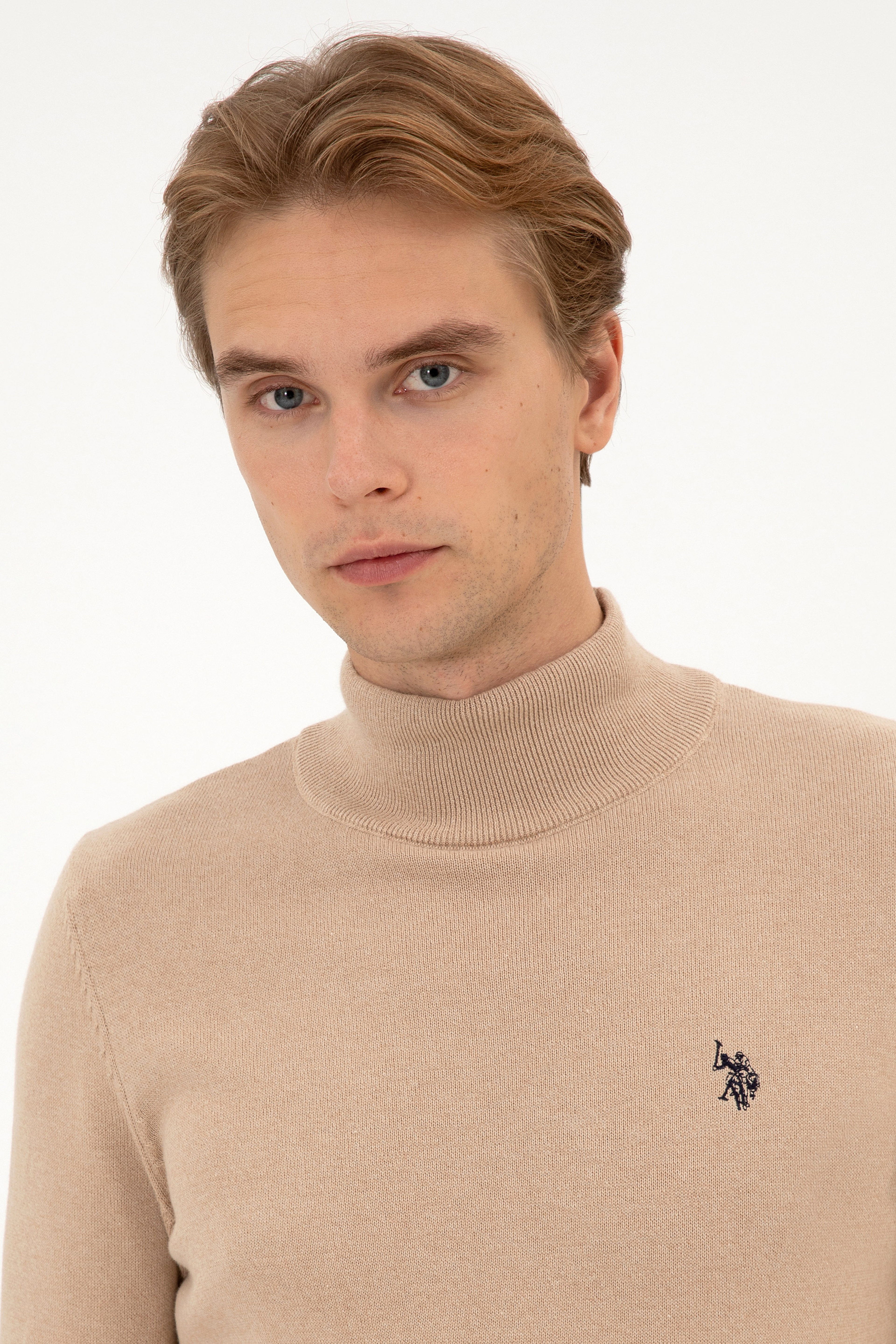 Erkek Slim Fit Boğazlı Kum Melanj Basic Kazak