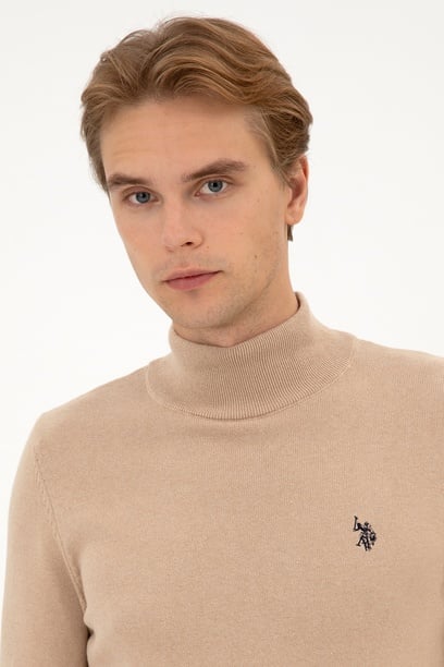 Erkek Slim Fit Boğazlı Kum Melanj Basic Kazak