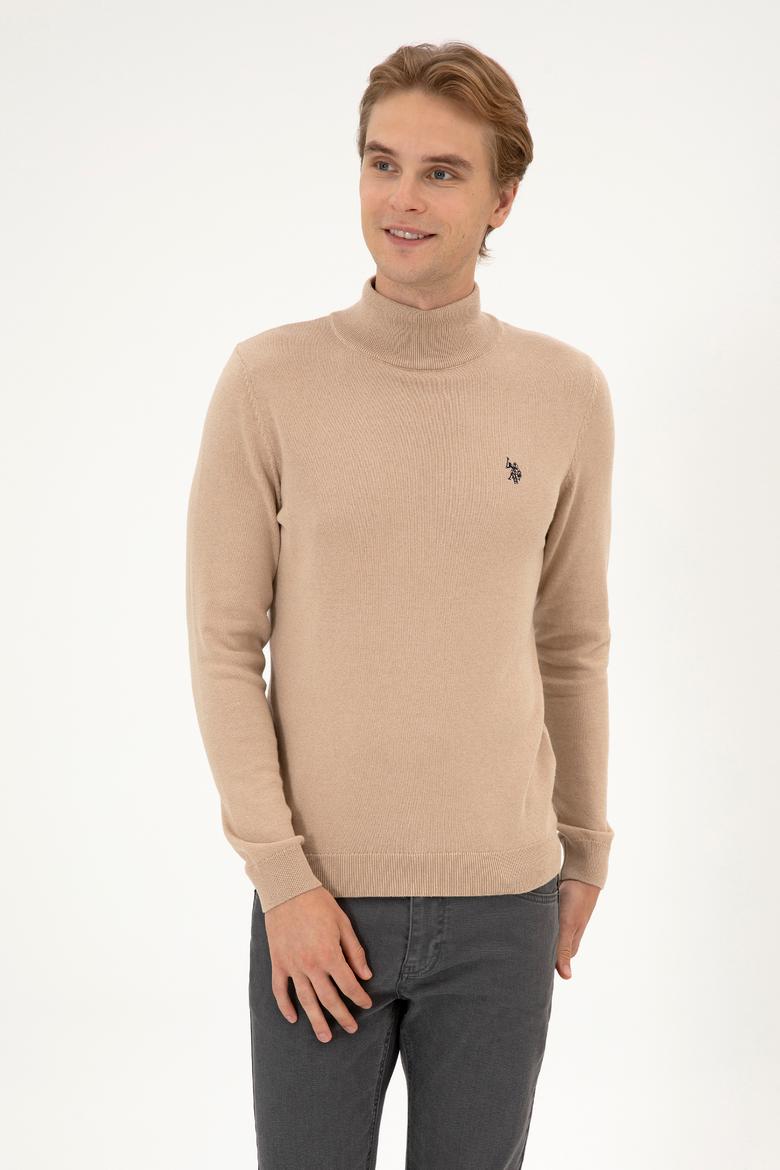 Erkek Slim Fit Boğazlı Kum Melanj Basic Kazak