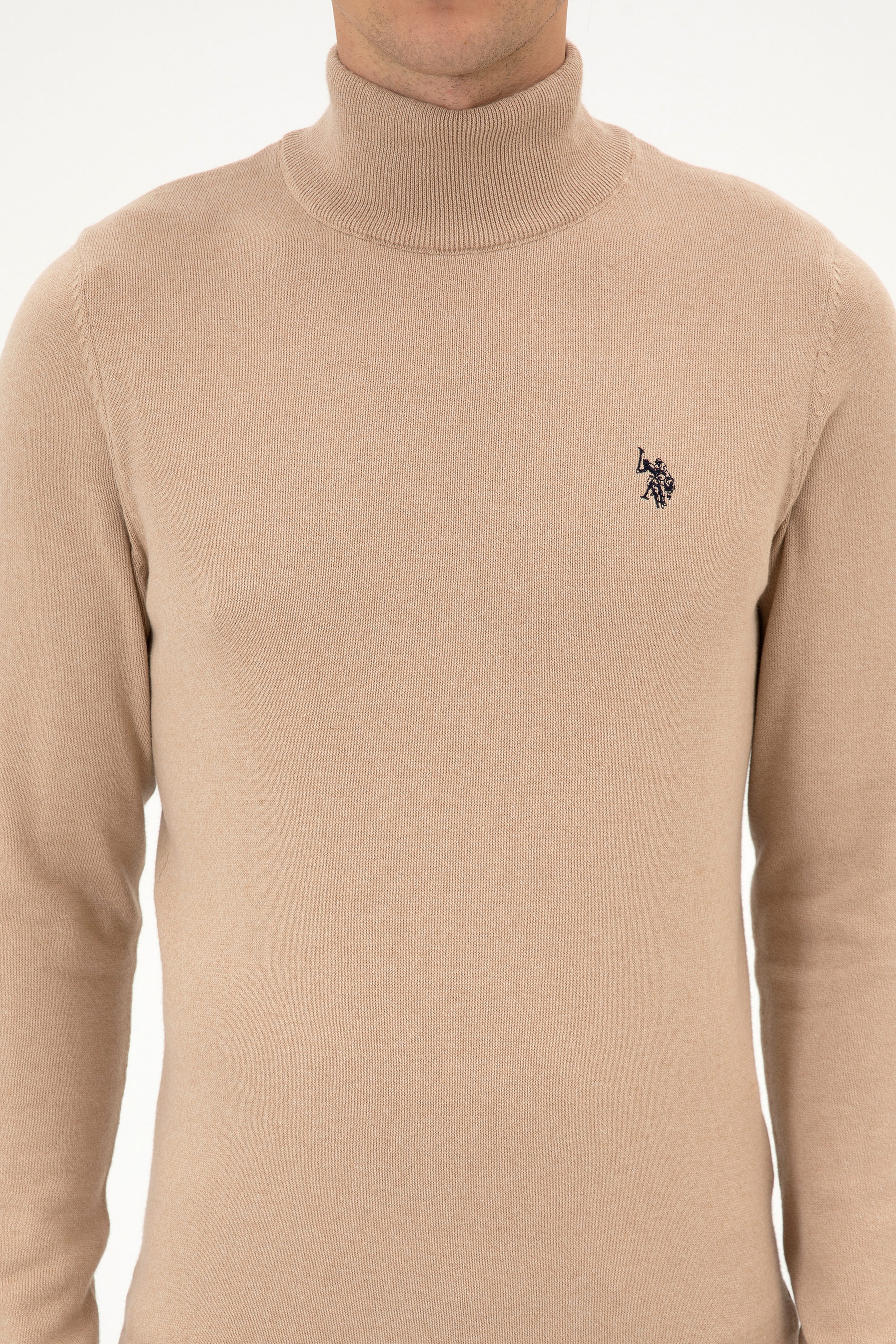 Erkek Slim Fit Boğazlı Kum Melanj Basic Kazak