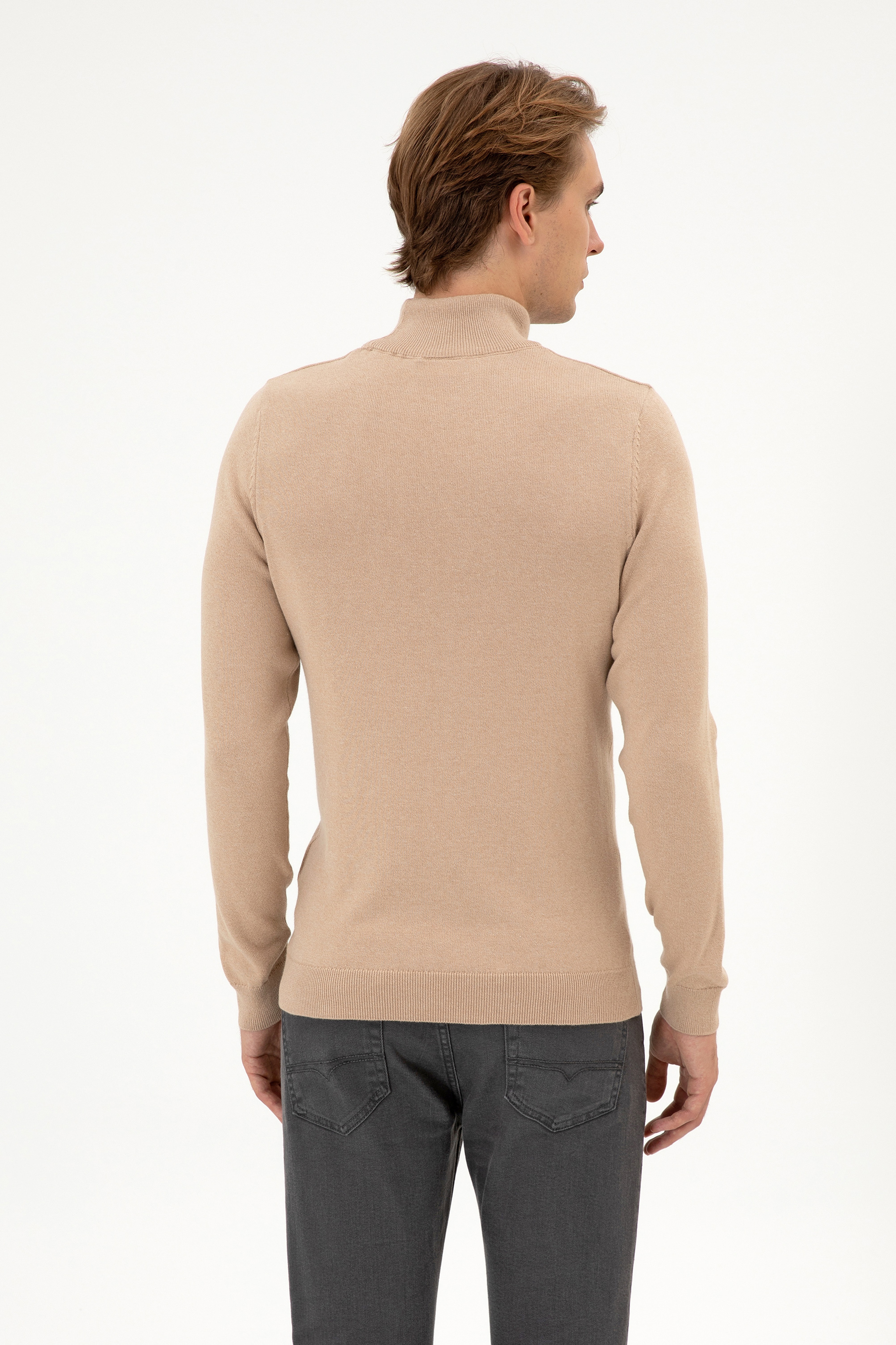 Erkek Slim Fit Boğazlı Kum Melanj Basic Kazak - Image 5