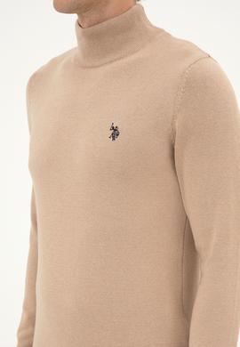 Erkek Slim Fit Boğazlı Kum Melanj Basic Kazak - 50313712005