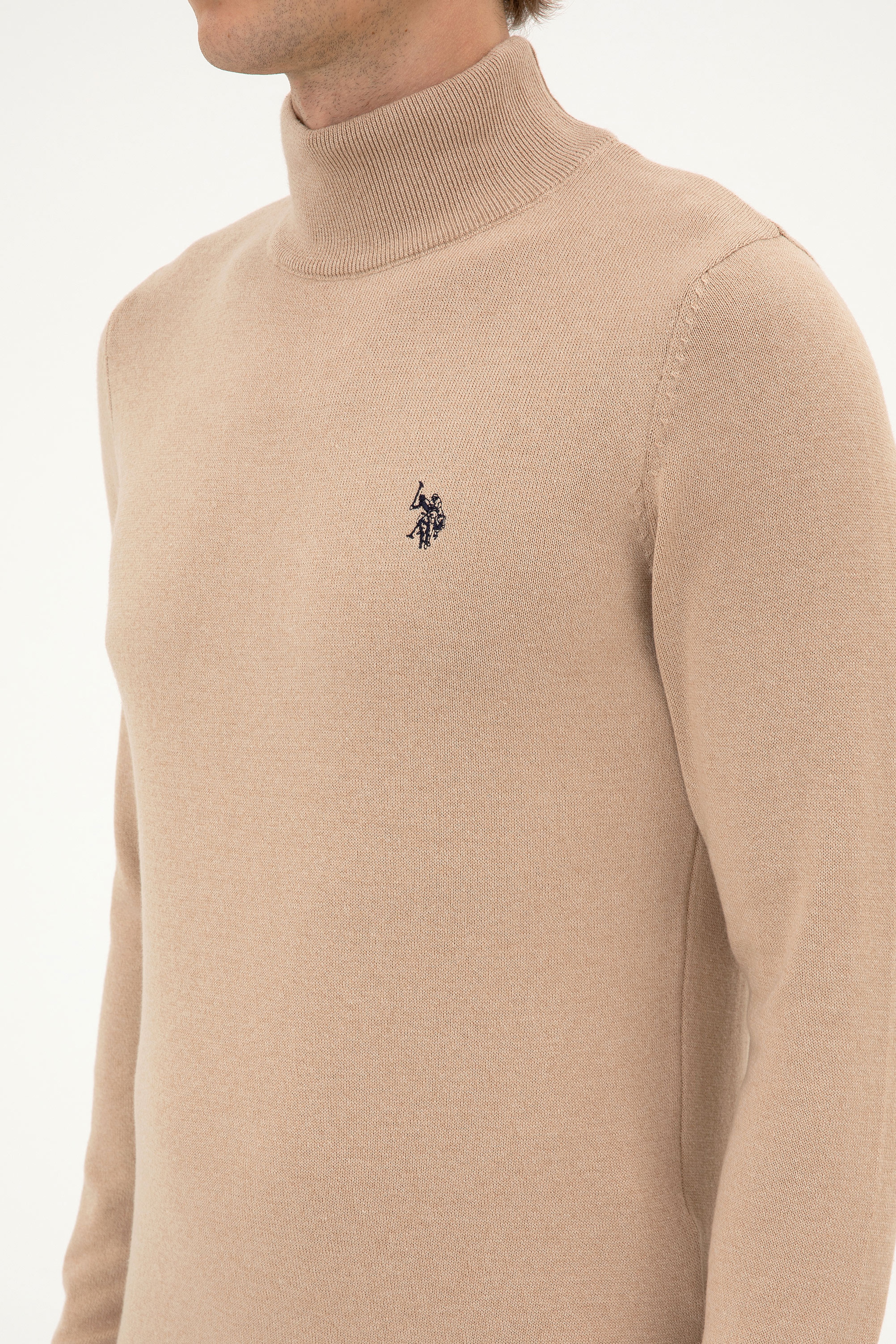 Erkek Slim Fit Boğazlı Kum Melanj Basic Kazak