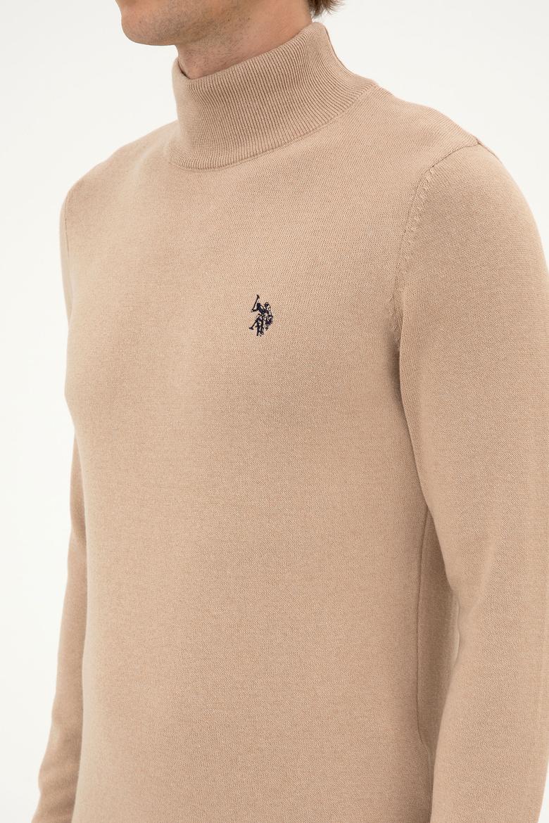 Erkek Slim Fit Boğazlı Kum Melanj Basic Kazak - 50313712005