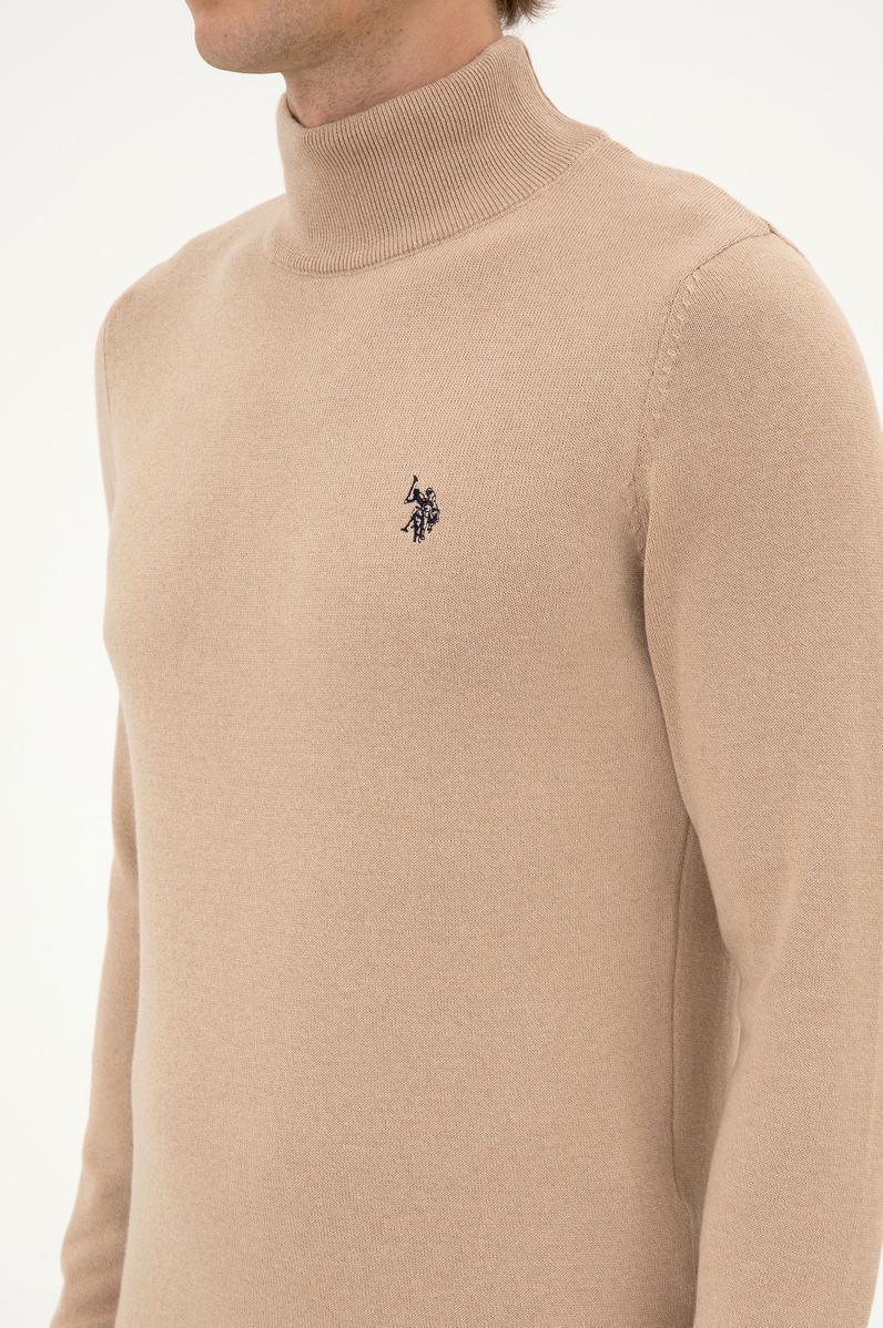 Erkek Slim Fit Boğazlı Kum Melanj Basic Kazak