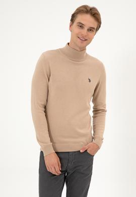 Erkek Slim Fit Boğazlı Kum Melanj Basic Kazak - 50313712005