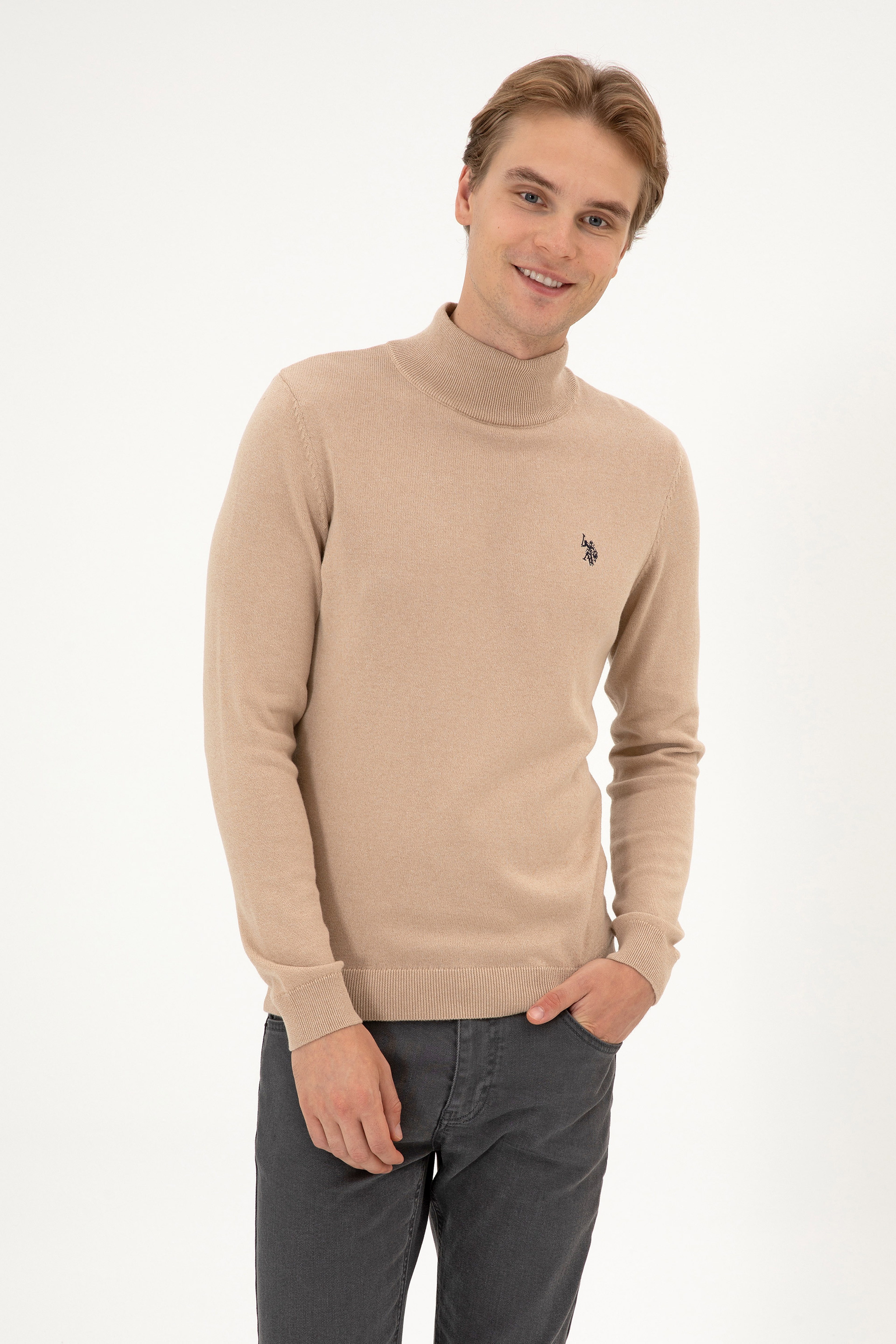 Erkek Slim Fit Boğazlı Kum Melanj Basic Kazak