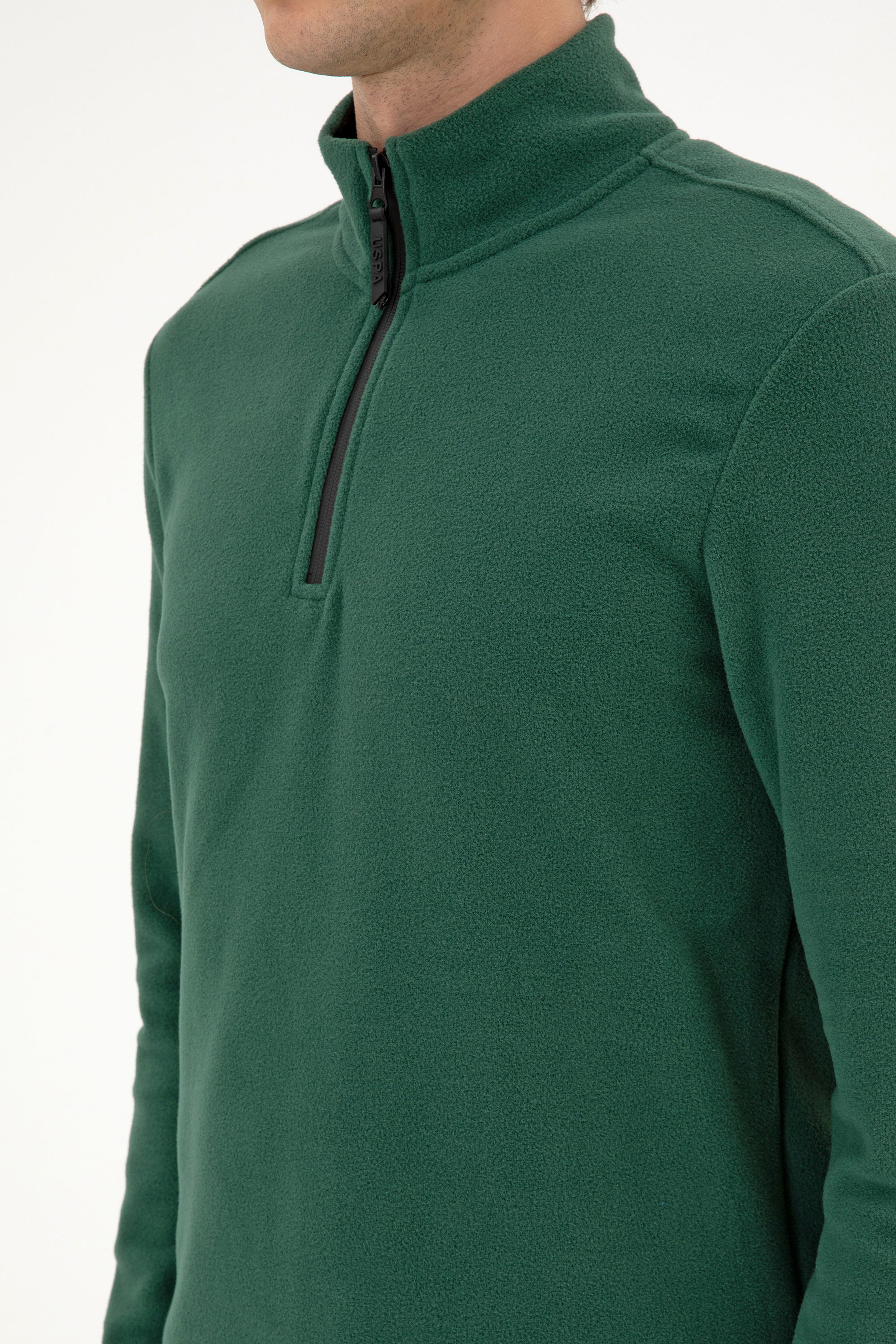 Erkek Regular Fit Koyu Yeşil Polar Yarım Fermuarlı Basic Sweatshirt - Image 7
