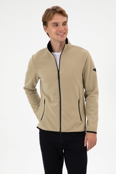 Erkek Regular Fit Açık Haki Polar Örme Hırka