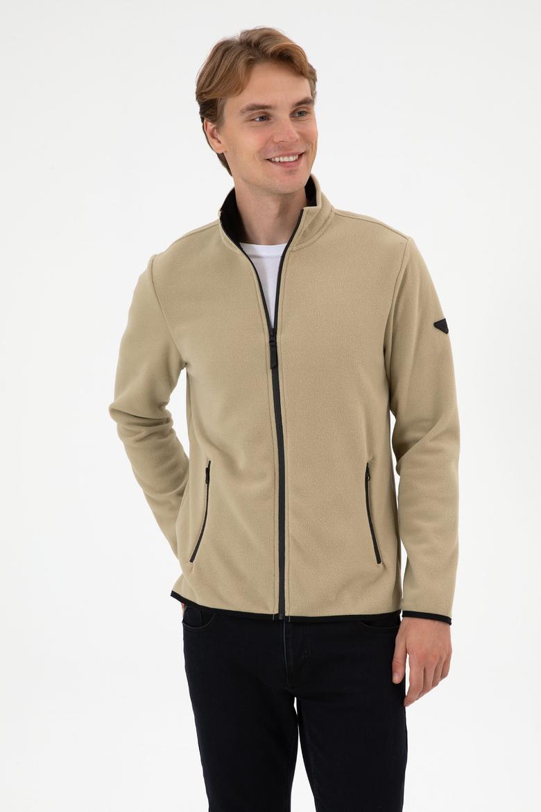 Erkek Regular Fit Açık Haki Polar Örme Hırka - 50313779071