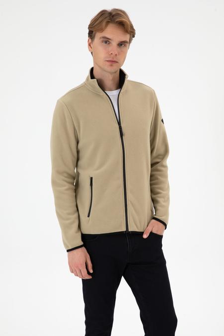 Erkek Regular Fit Açık Haki Polar Örme Hırka