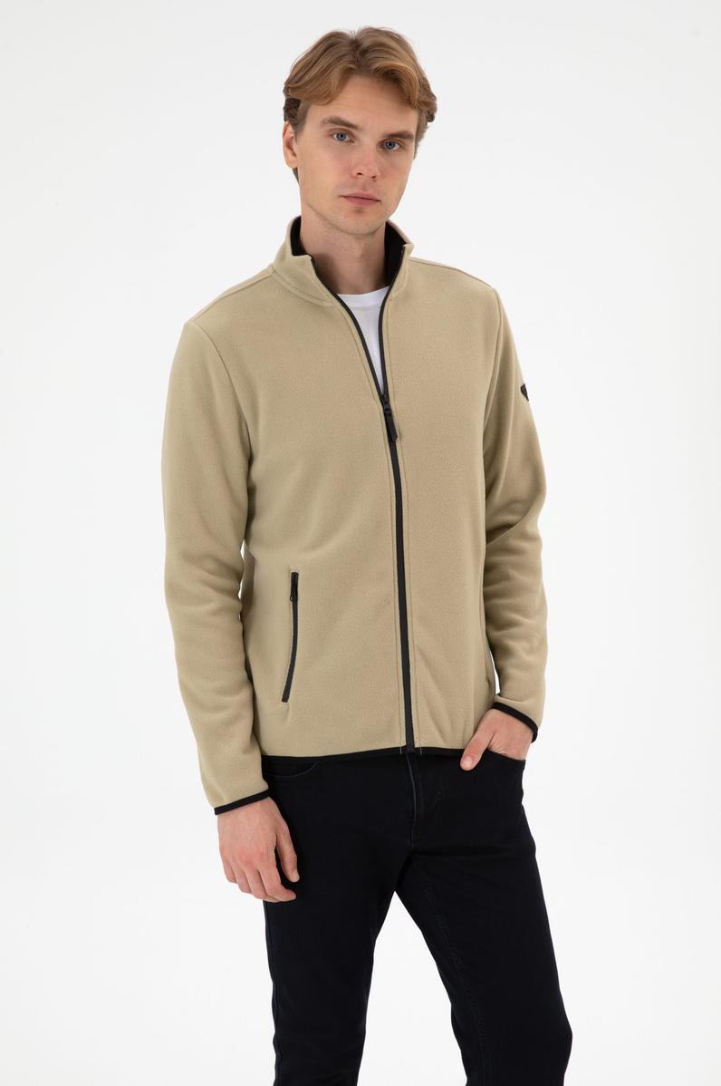 Erkek Regular Fit Açık Haki Polar Örme Hırka