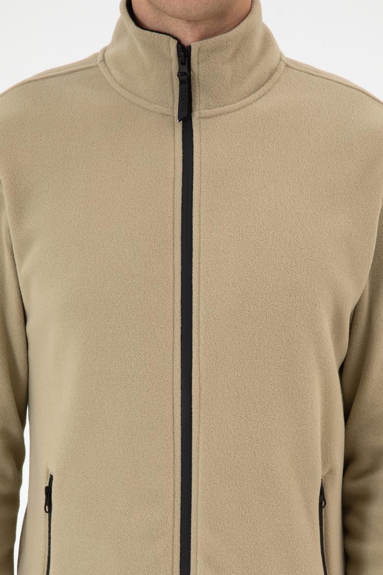 Erkek Regular Fit Açık Haki Polar Örme Hırka - 50313779071