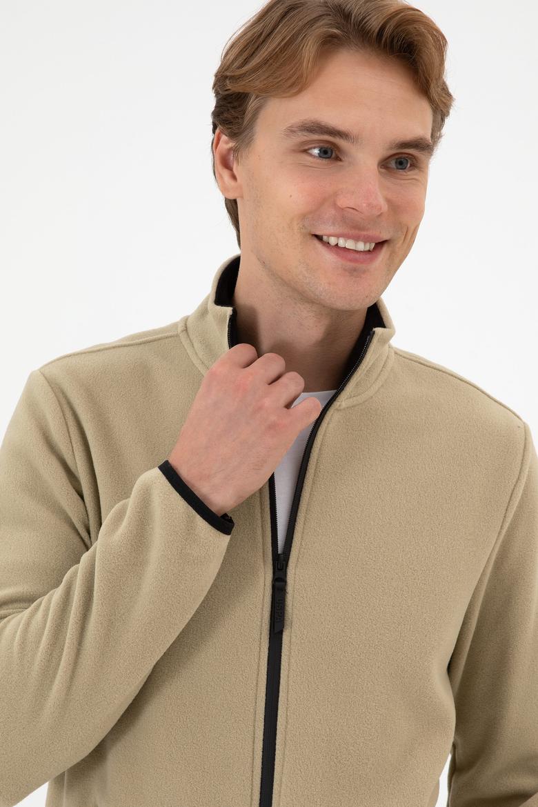 Erkek Regular Fit Açık Haki Polar Örme Hırka - 50313779071