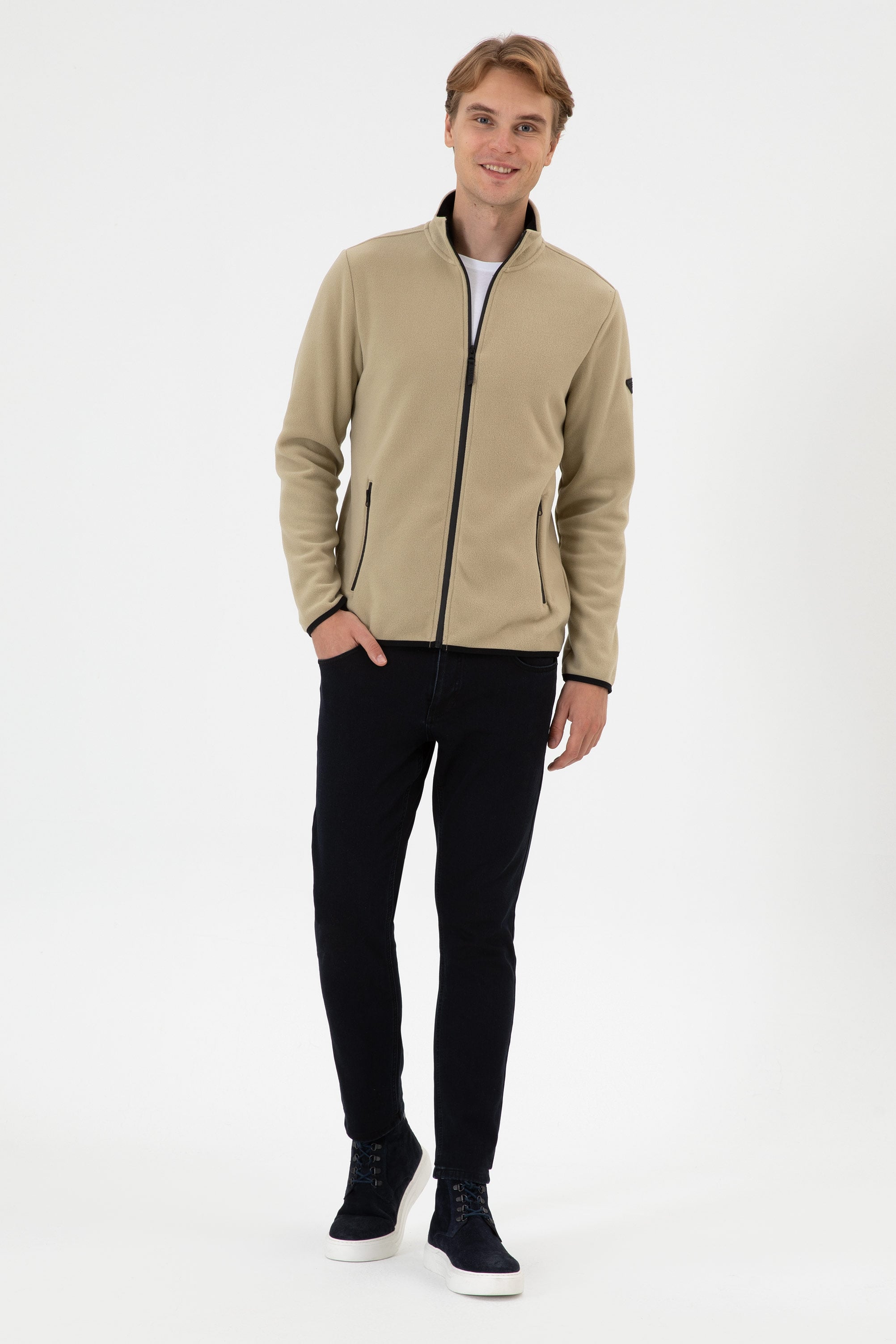 Erkek Regular Fit Açık Haki Polar Örme Hırka - Image 4