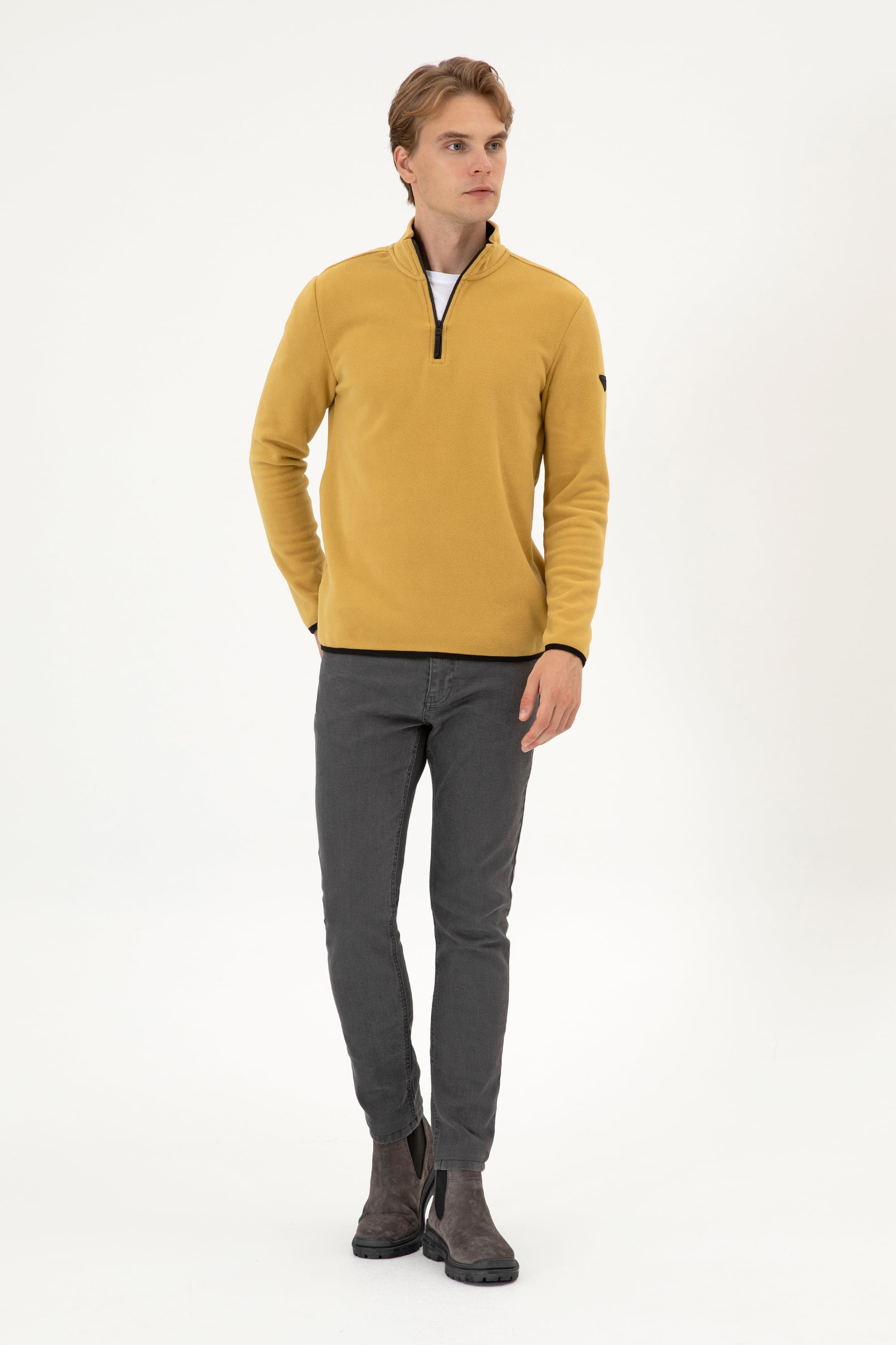 Erkek Regular Fit Hardal Polar Yarım Fermuarlı Basic Sweatshirt