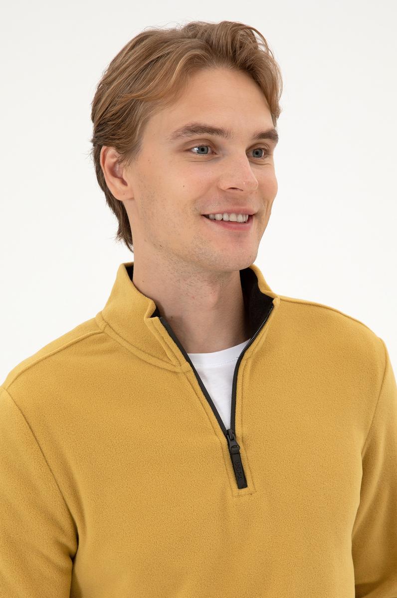 Erkek Regular Fit Hardal Polar Yarım Fermuarlı Basic Sweatshirt