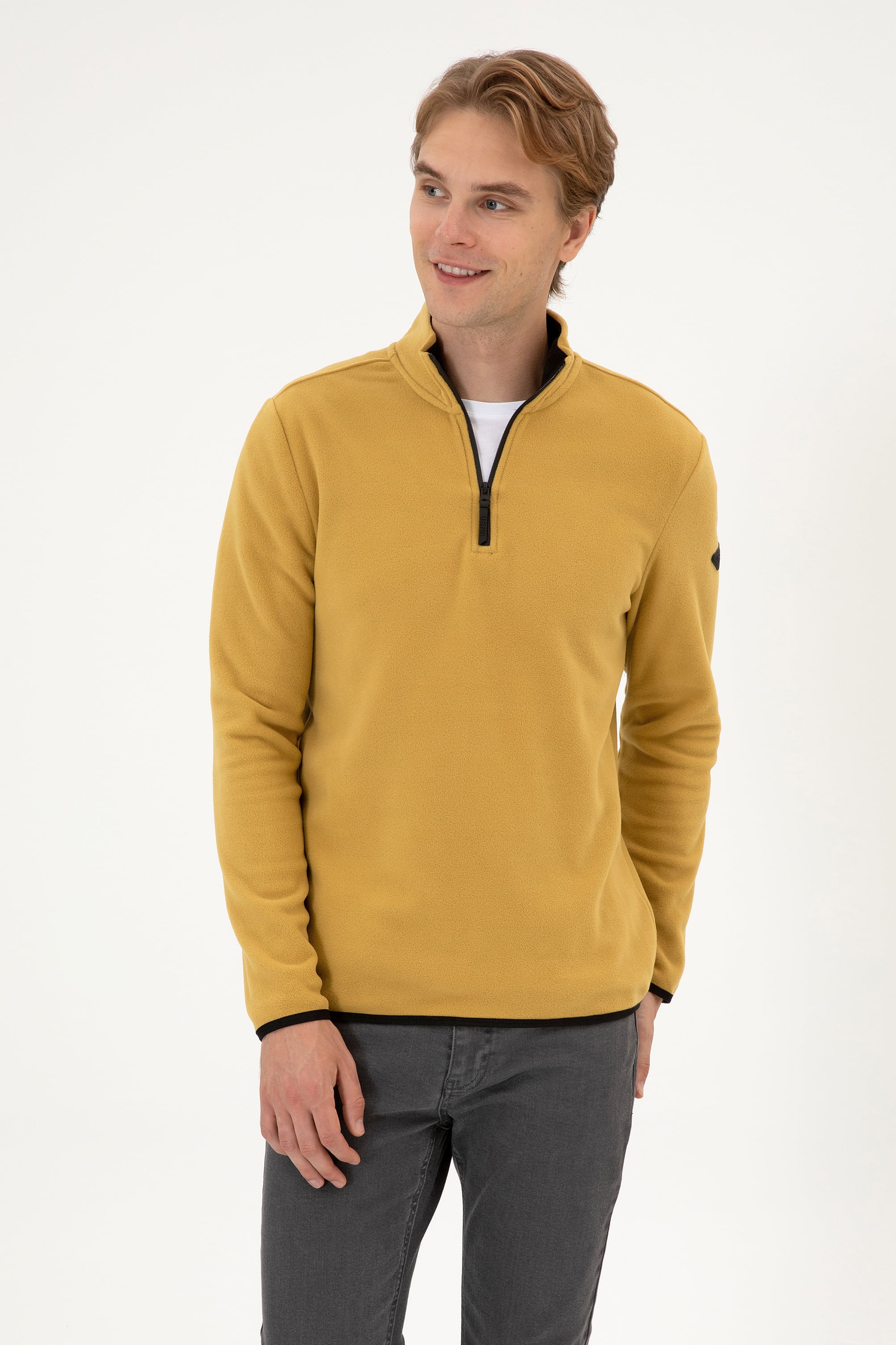 Erkek Regular Fit Hardal Polar Yarım Fermuarlı Basic Sweatshirt