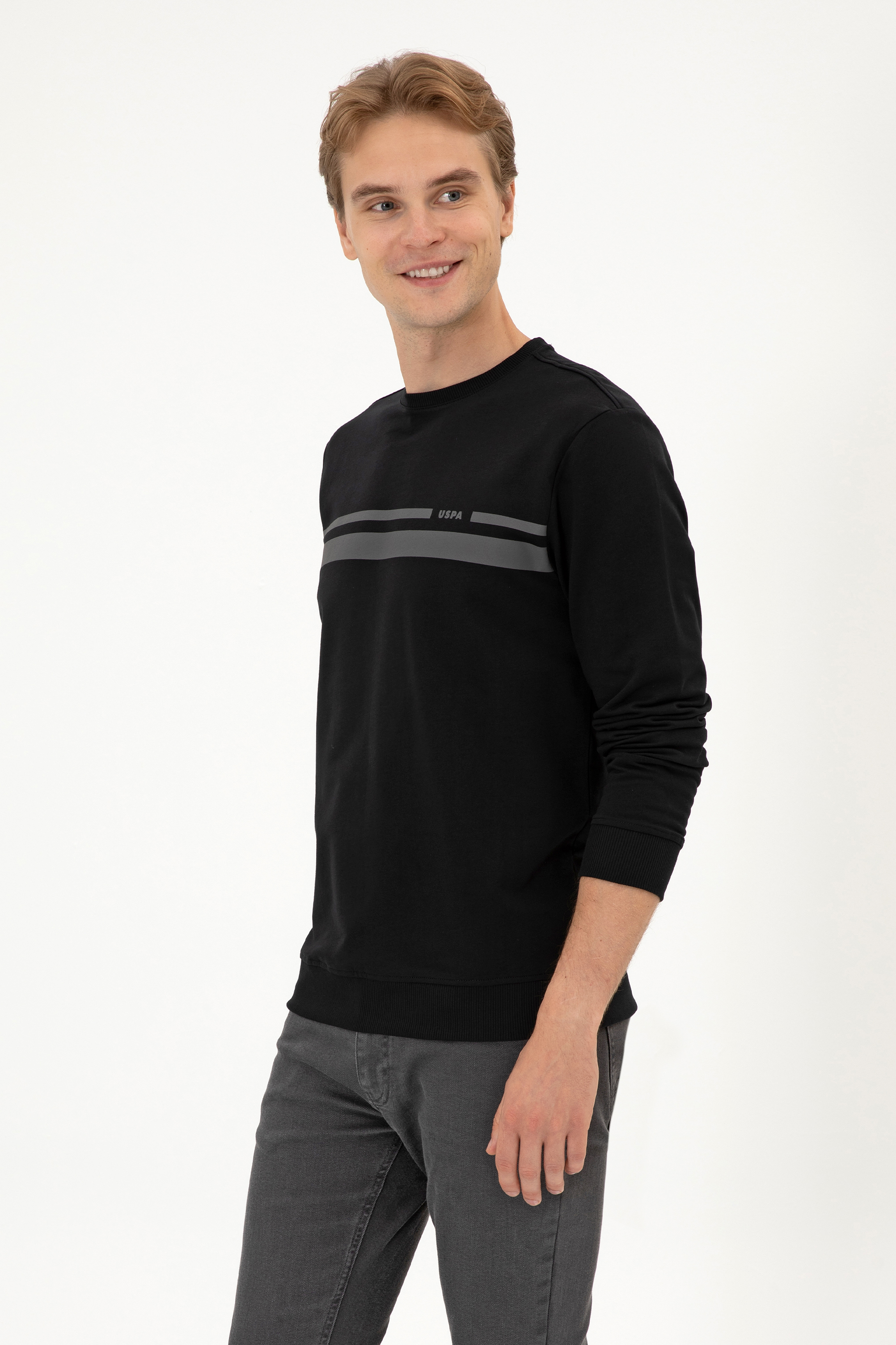 Erkek Regular Fit Bisiklet Yaka Siyah İnce Sweatshirt