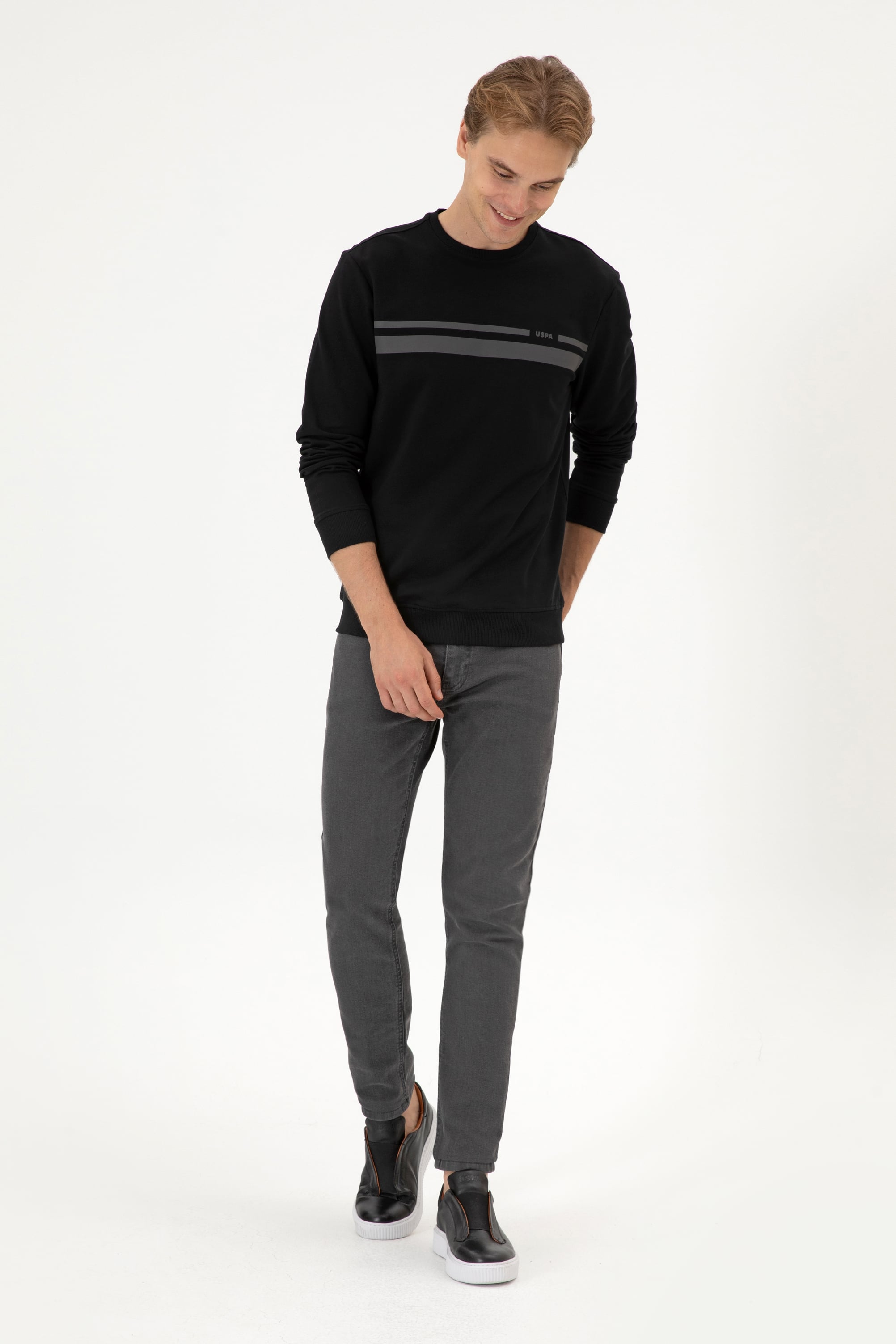 Erkek Regular Fit Bisiklet Yaka Siyah İnce Sweatshirt - Image 4
