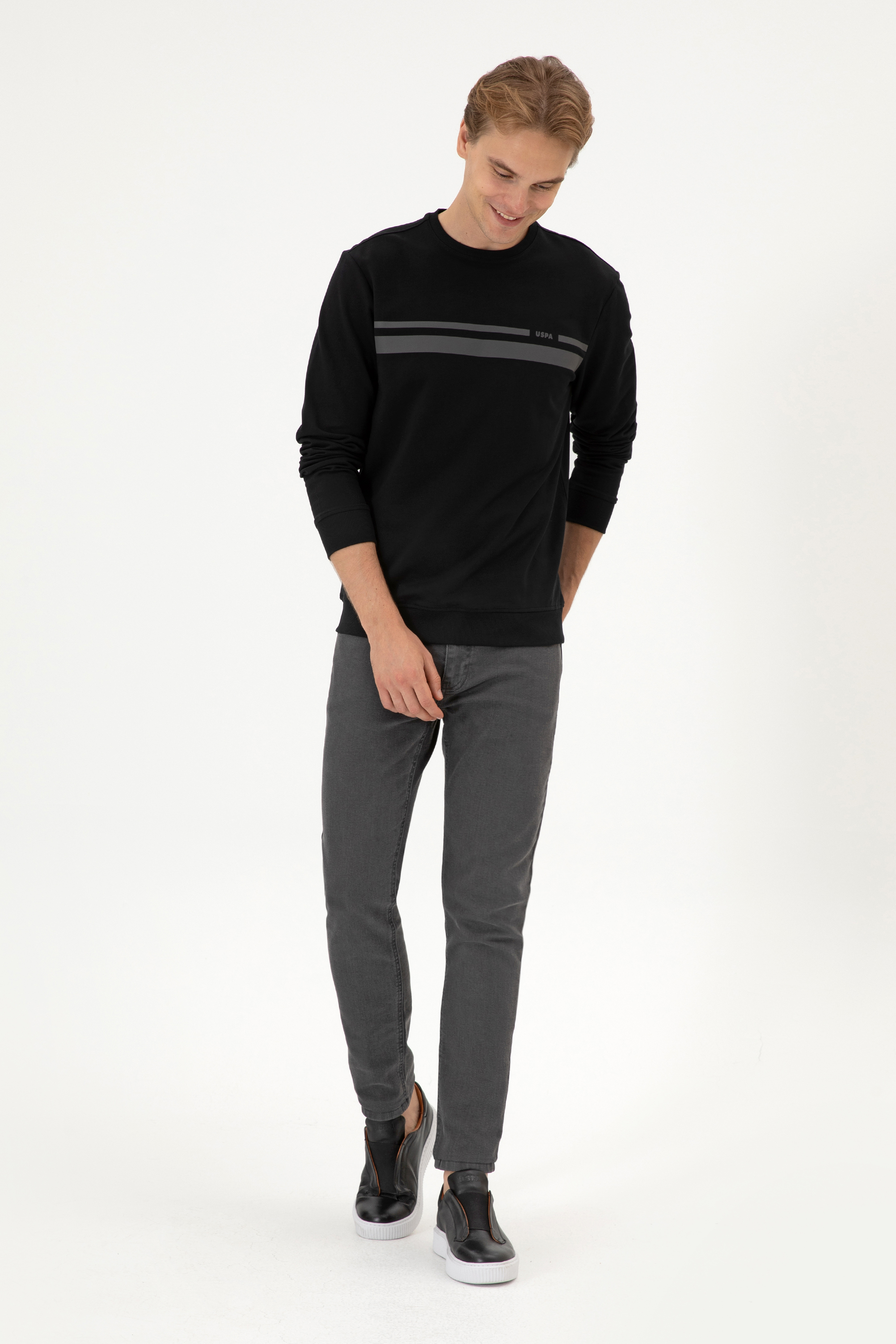 Erkek Regular Fit Bisiklet Yaka Siyah İnce Sweatshirt