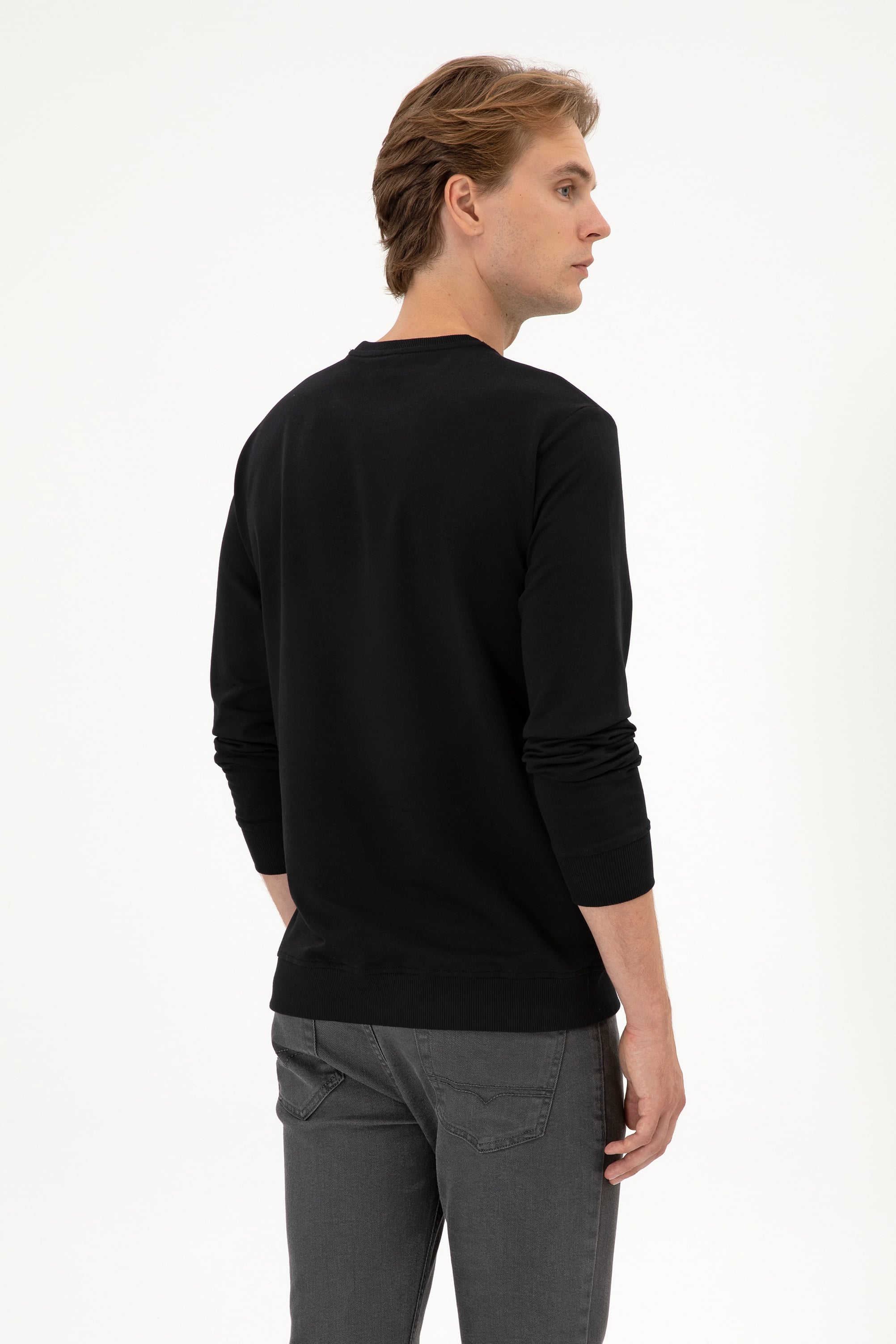 Erkek Regular Fit Bisiklet Yaka Siyah İnce Sweatshirt - Image 5