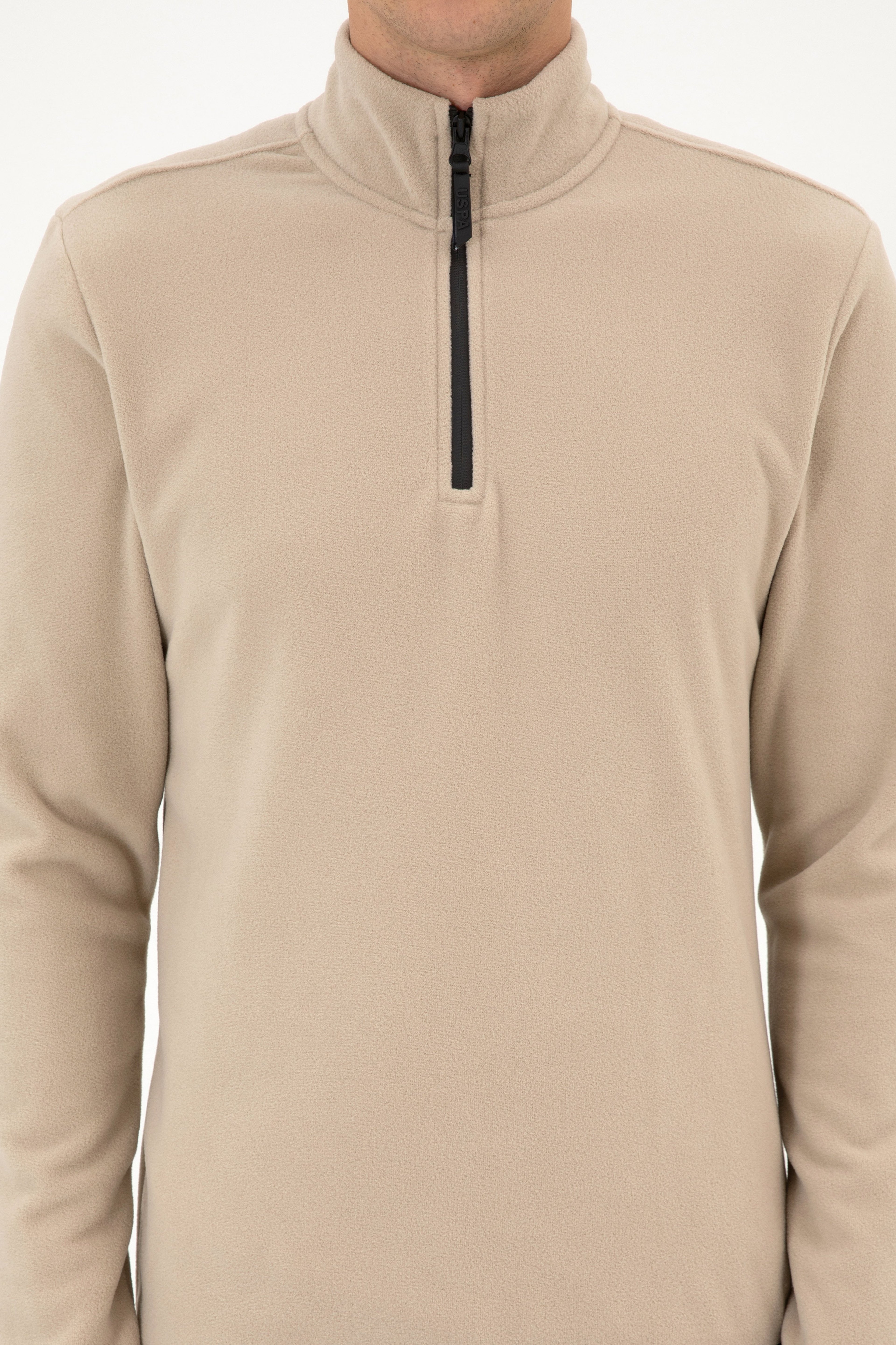 Erkek Regular Fit Koyu Bej Polar Yarım Fermuarlı Basic Sweatshirt
