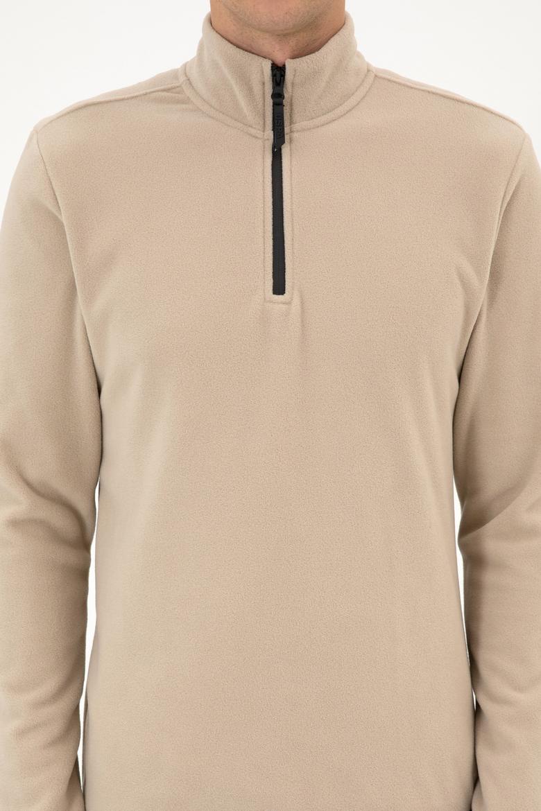 Erkek Regular Fit Koyu Bej Polar Yarım Fermuarlı Basic Sweatshirt - 50313777047