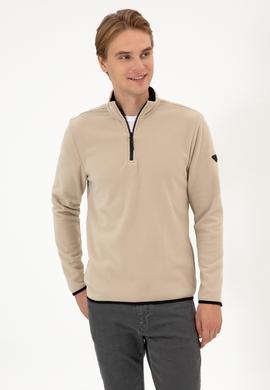 Erkek Regular Fit Koyu Bej Polar Yarım Fermuarlı Basic Sweatshirt - 50313777047