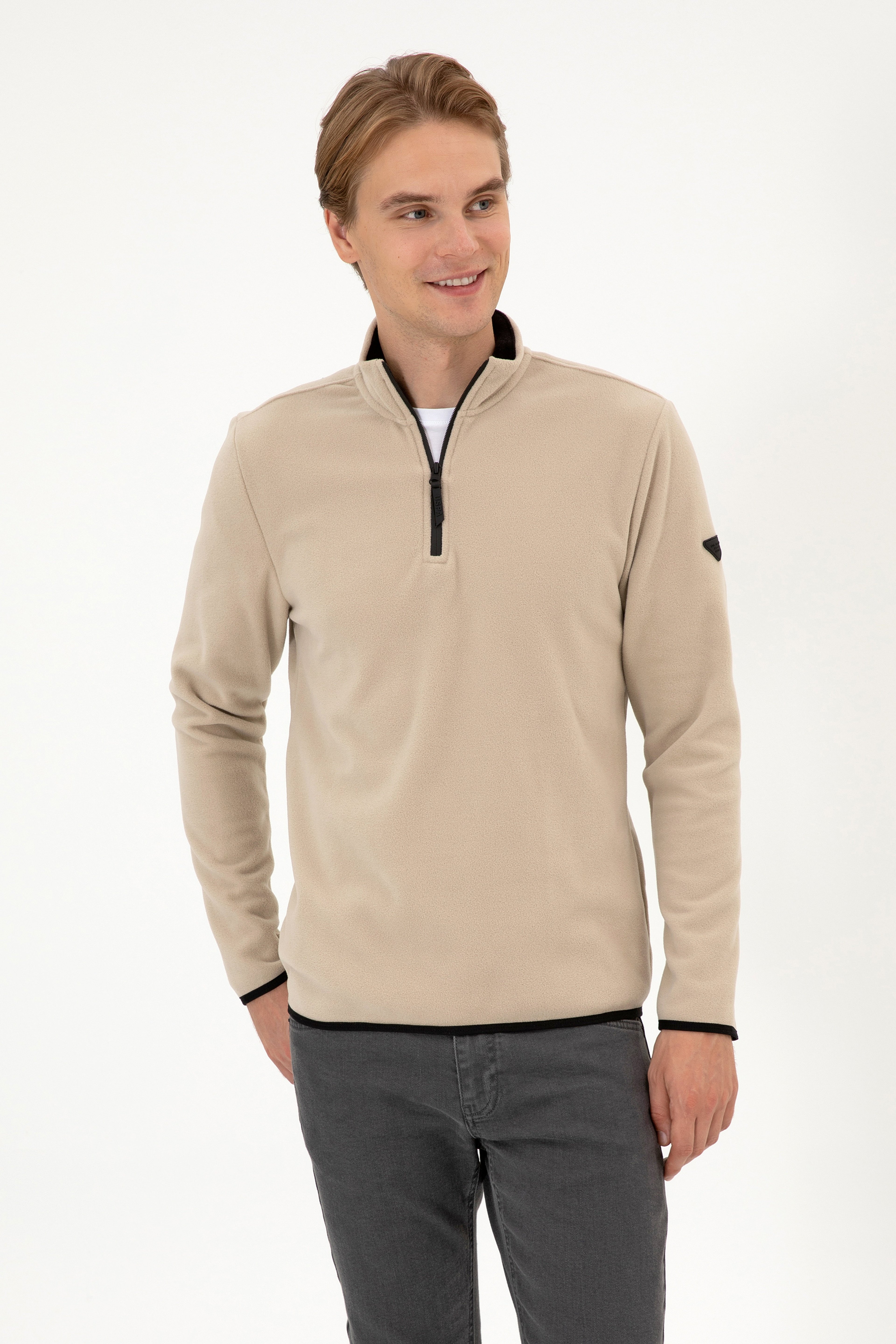 Erkek Regular Fit Koyu Bej Polar Yarım Fermuarlı Basic Sweatshirt - Image 3