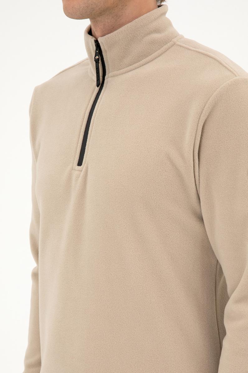 Erkek Regular Fit Koyu Bej Polar Yarım Fermuarlı Basic Sweatshirt