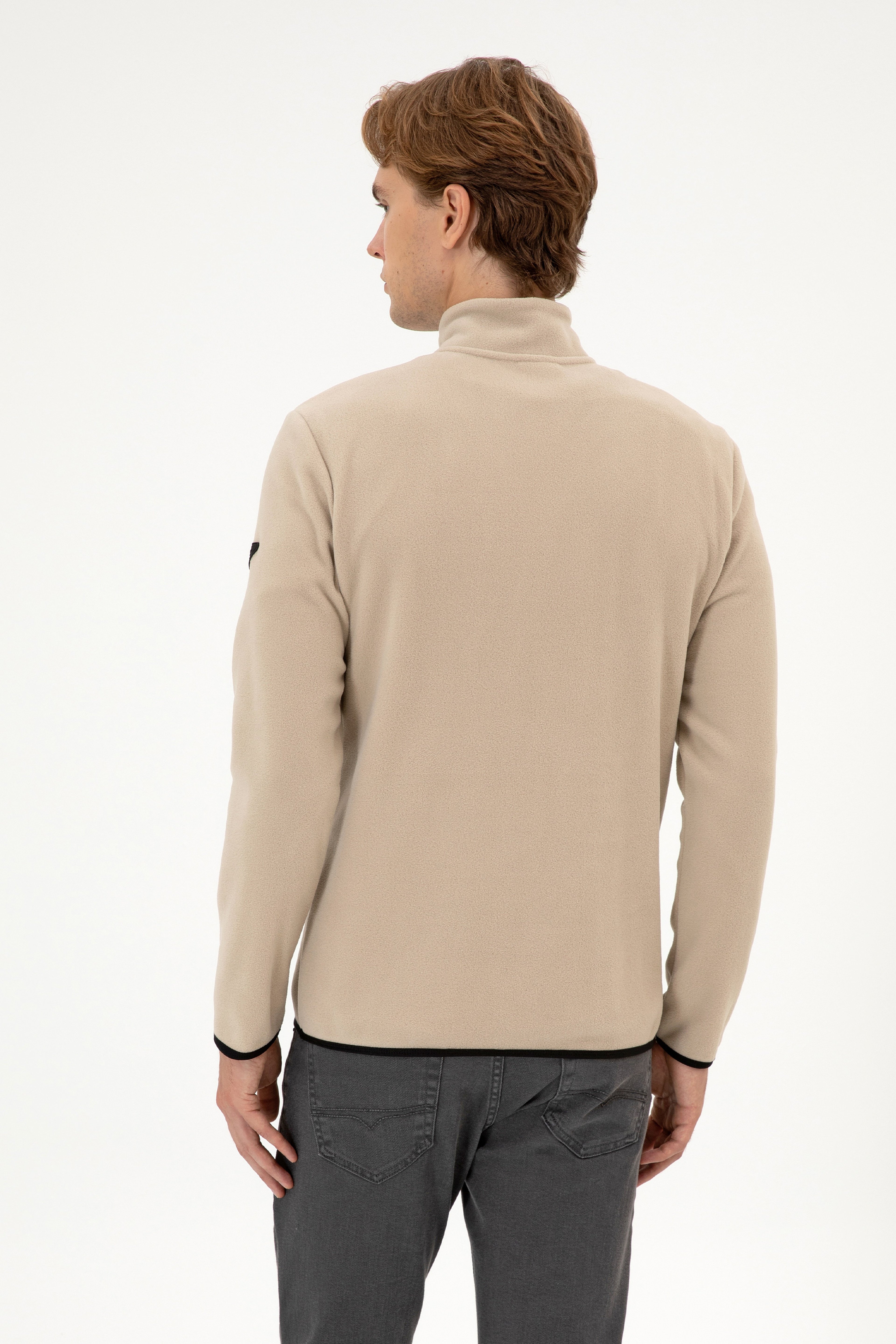 Erkek Regular Fit Koyu Bej Polar Yarım Fermuarlı Basic Sweatshirt - Image 5