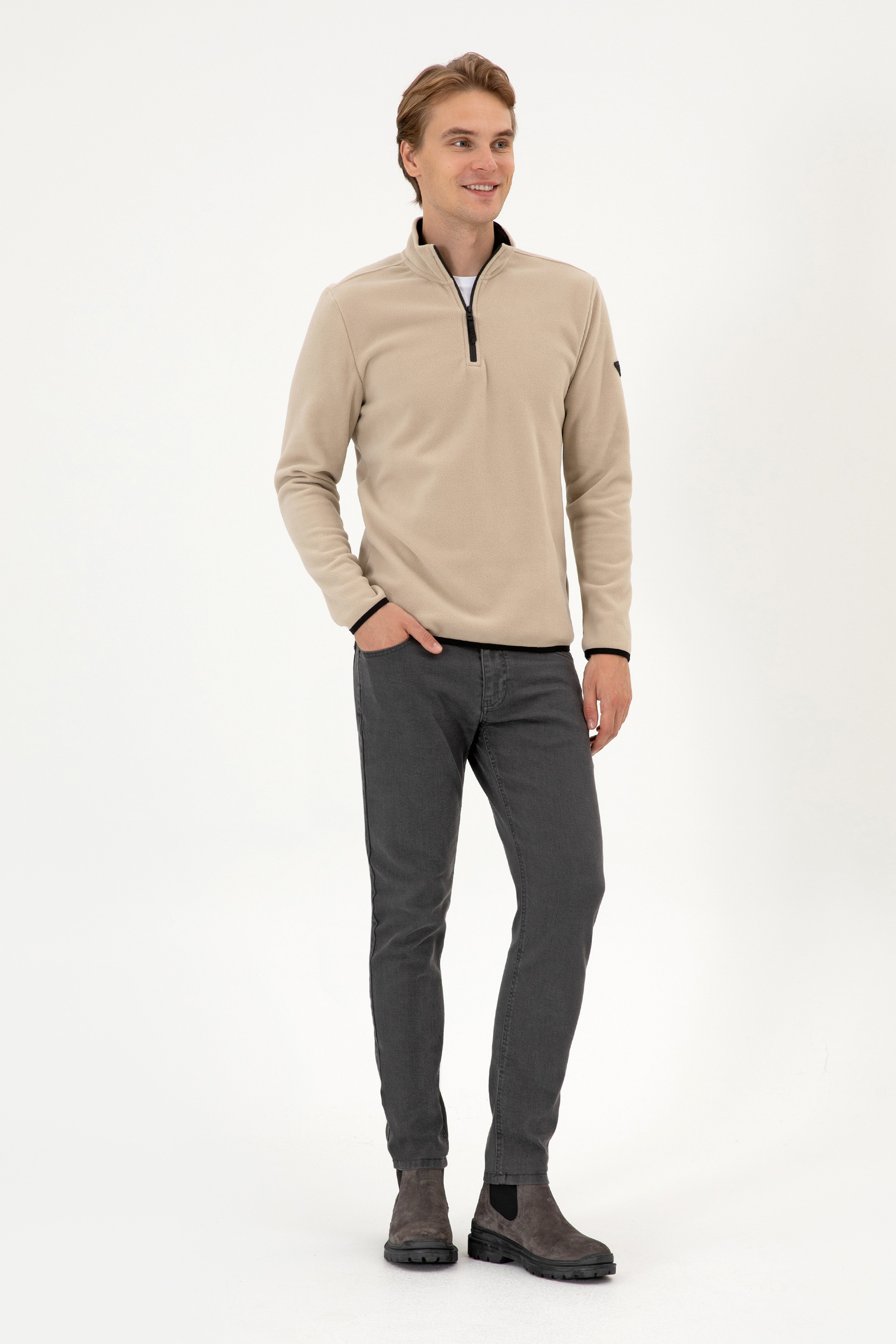 Erkek Regular Fit Koyu Bej Polar Yarım Fermuarlı Basic Sweatshirt - Image 4