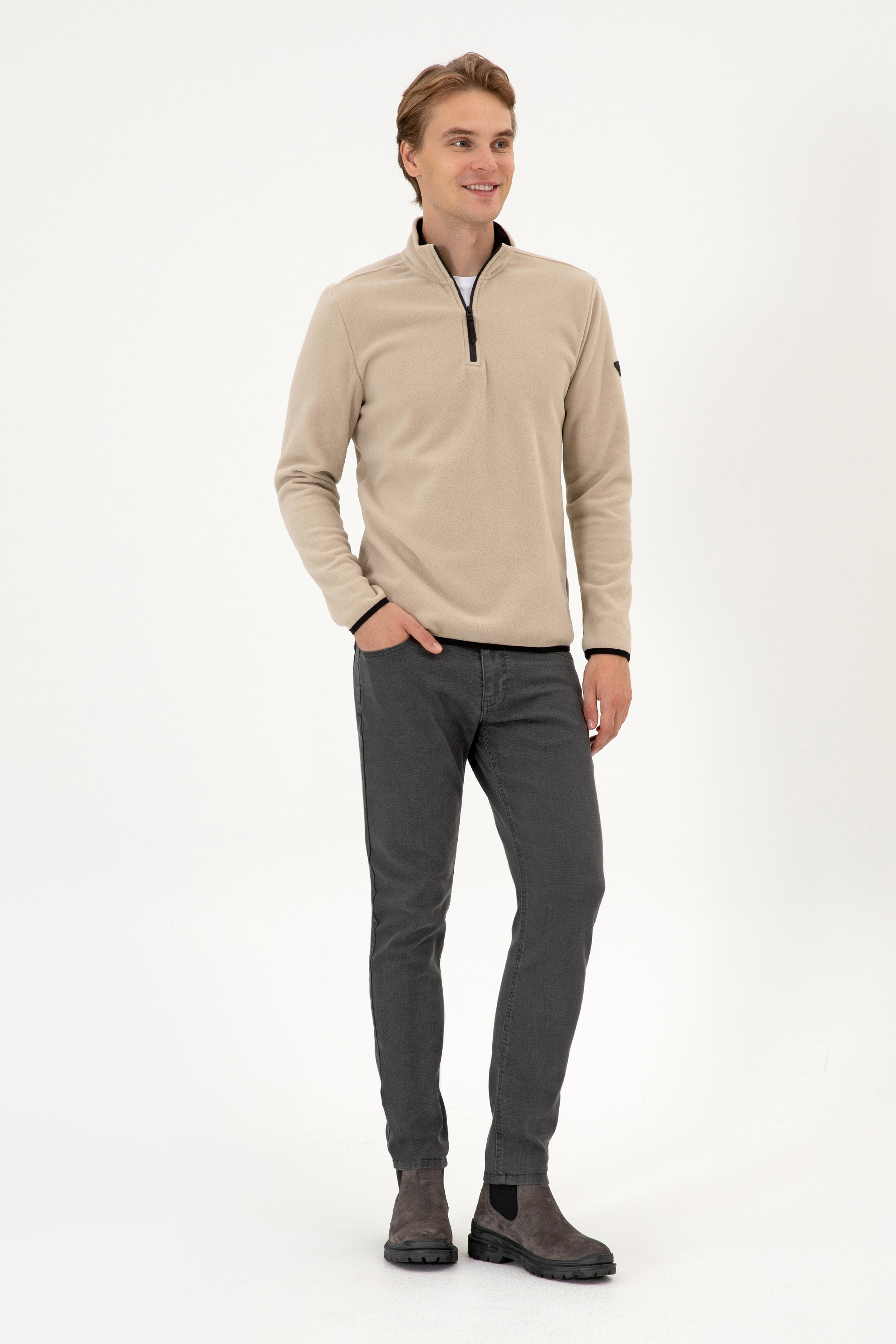 Erkek Regular Fit Koyu Bej Polar Yarım Fermuarlı Basic Sweatshirt