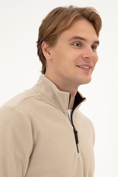 Erkek Regular Fit Koyu Bej Polar Yarım Fermuarlı Basic Sweatshirt