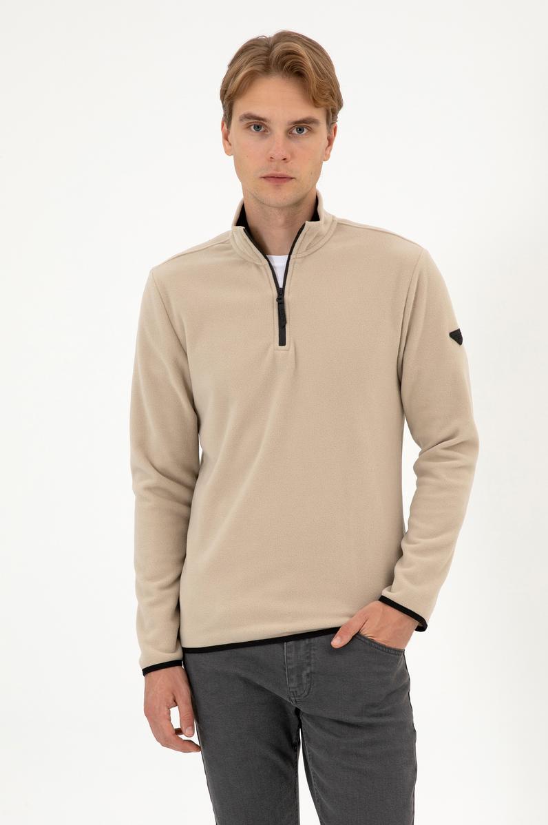 Erkek Regular Fit Koyu Bej Polar Yarım Fermuarlı Basic Sweatshirt