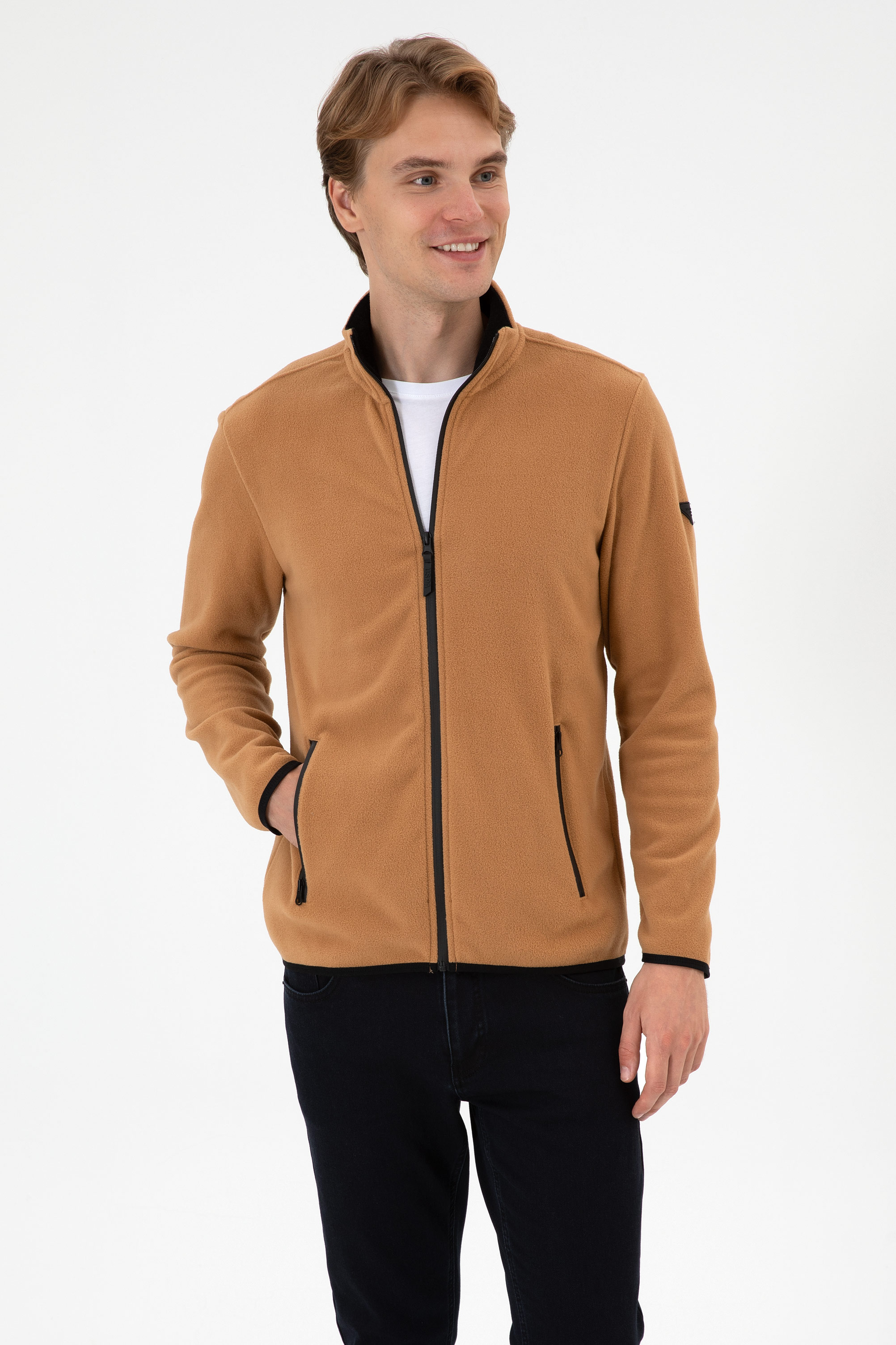 Erkek Regular Fit Camel Polar Örme Hırka - Image 3