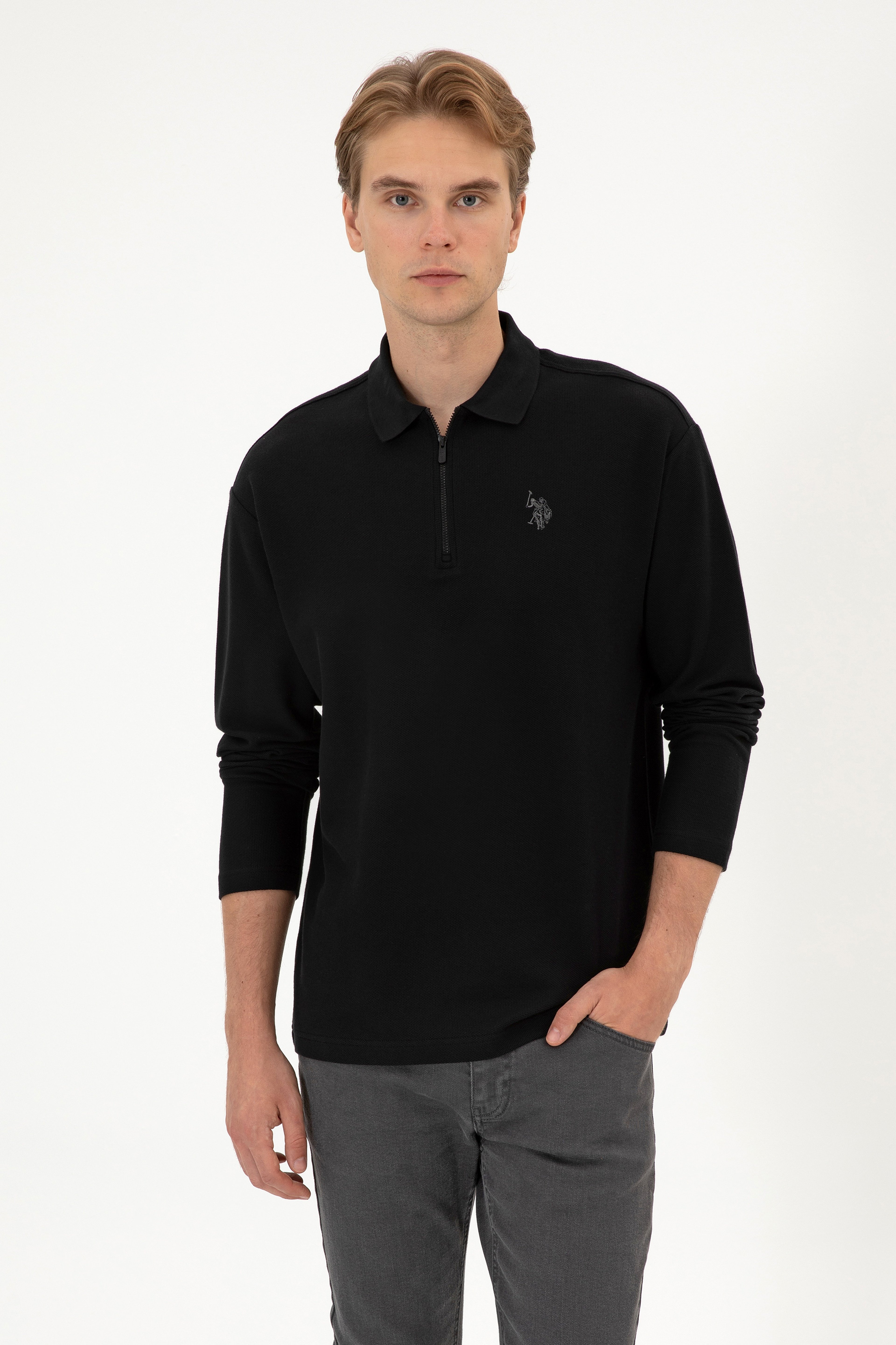 Erkek Comfort Fit Yarım Fermuarlı Siyah Sweatshirt - Image 1
