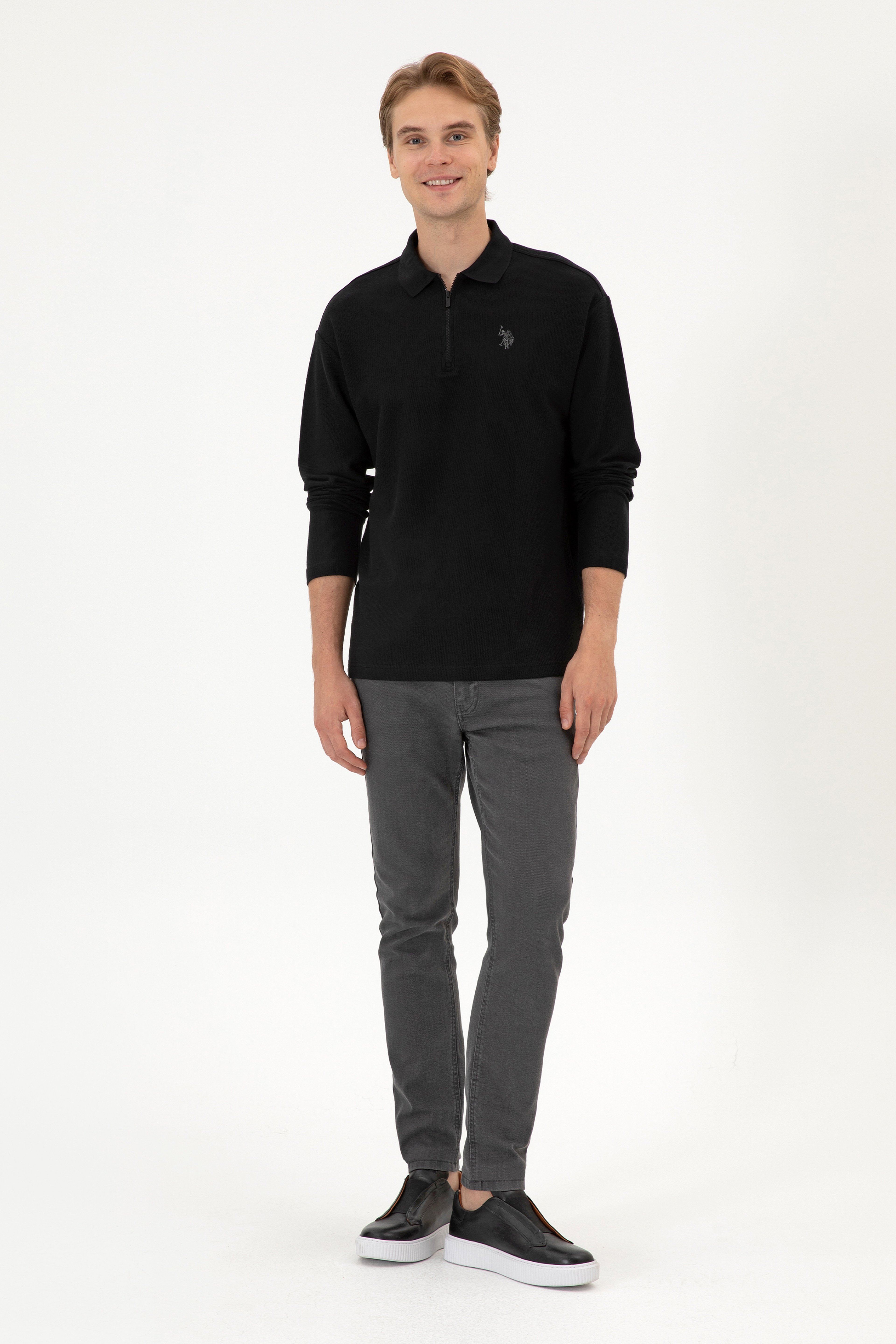 Erkek Comfort Fit Yarım Fermuarlı Siyah Sweatshirt