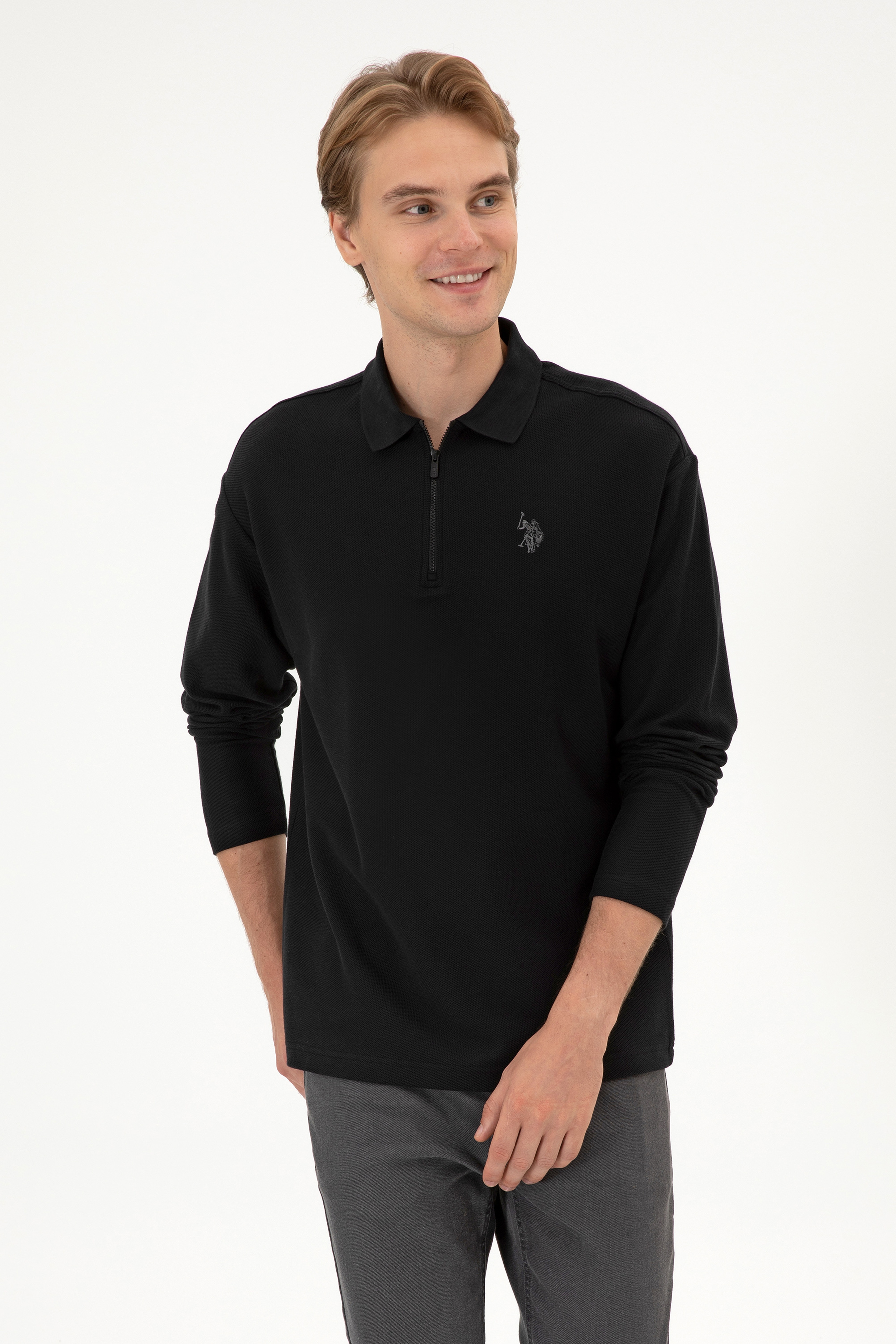 Erkek Comfort Fit Yarım Fermuarlı Siyah Sweatshirt