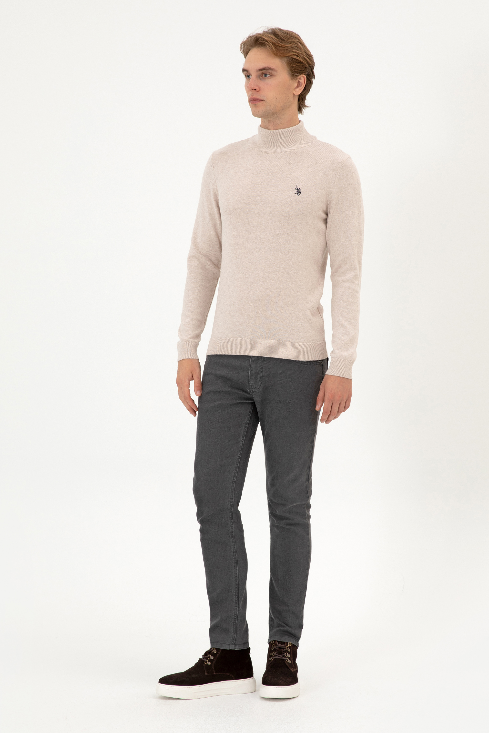 Erkek Slim Fit Boğazlı Taş Melanj Basic Kazak - Image 4