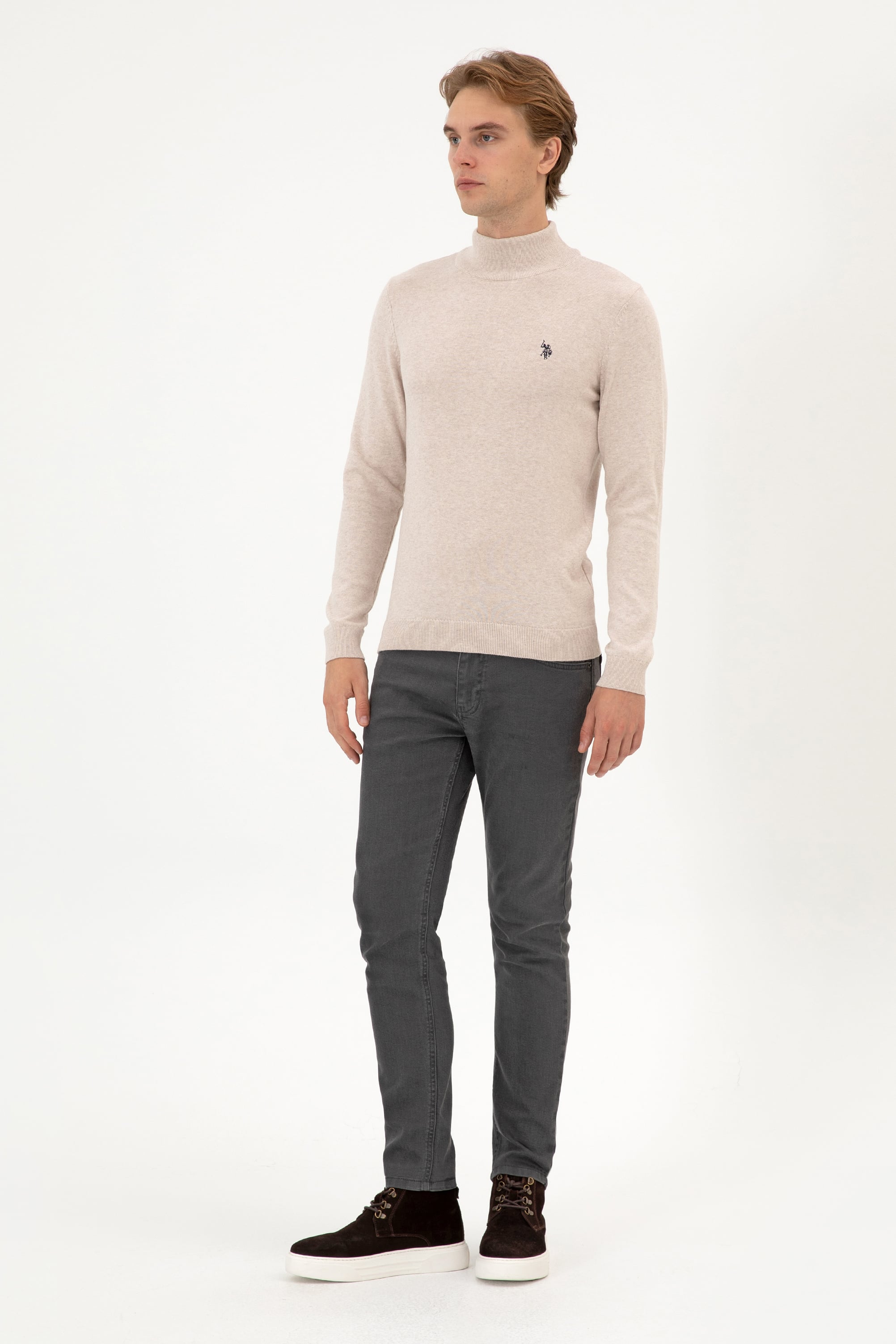 Erkek Slim Fit Boğazlı Taş Melanj Basic Kazak