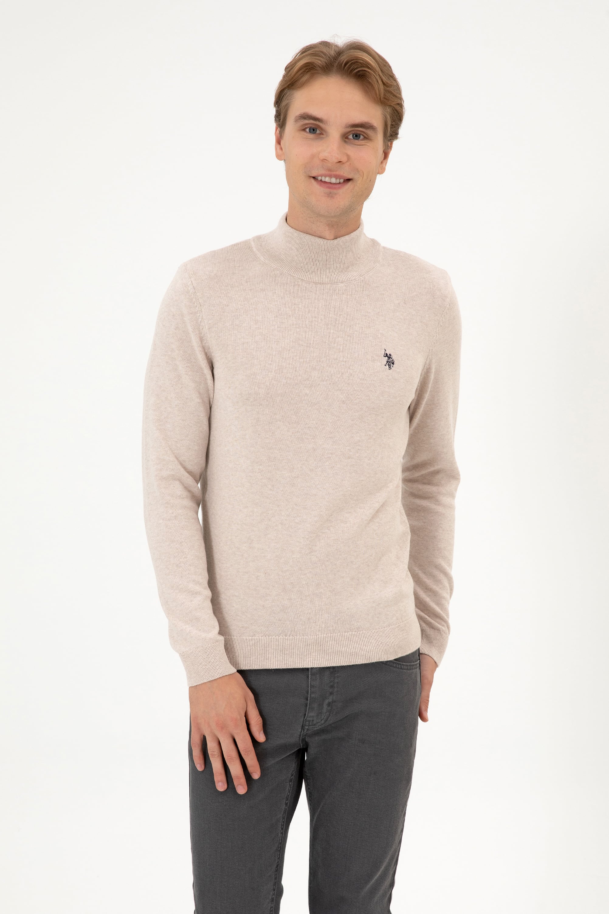 Erkek Slim Fit Boğazlı Taş Melanj Basic Kazak - Image 1