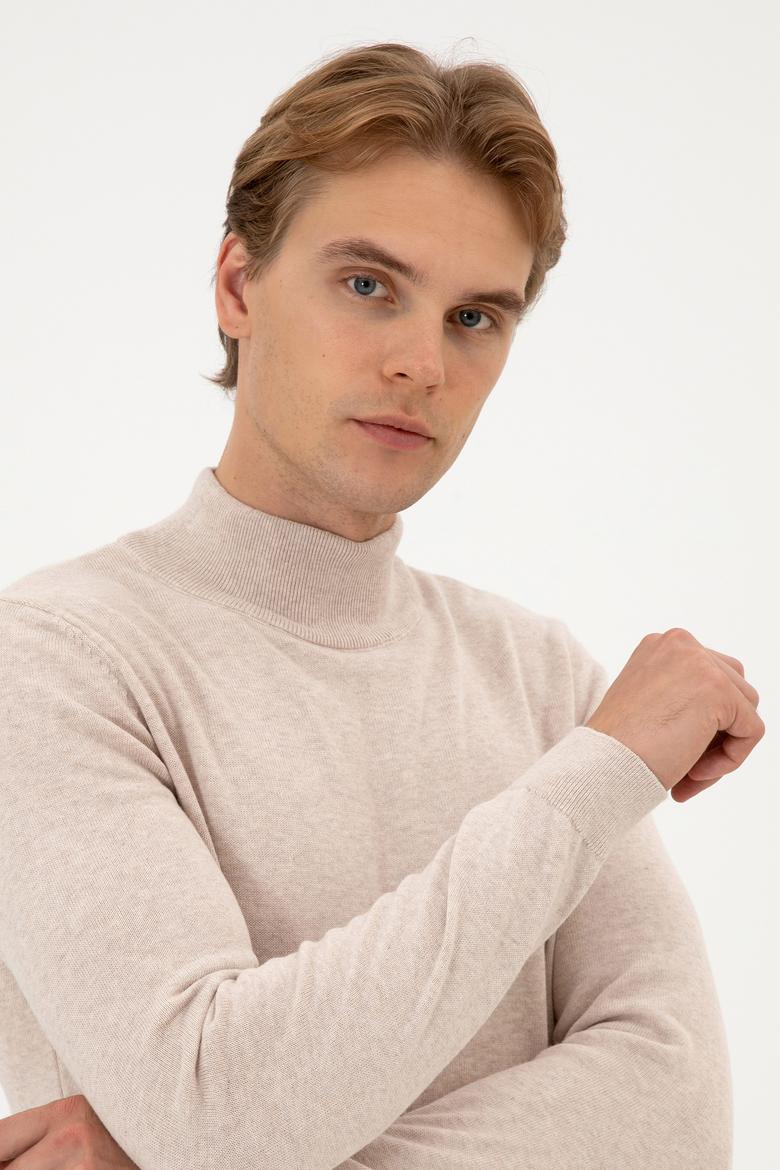 Erkek Slim Fit Boğazlı Taş Melanj Basic Kazak - 50313712032