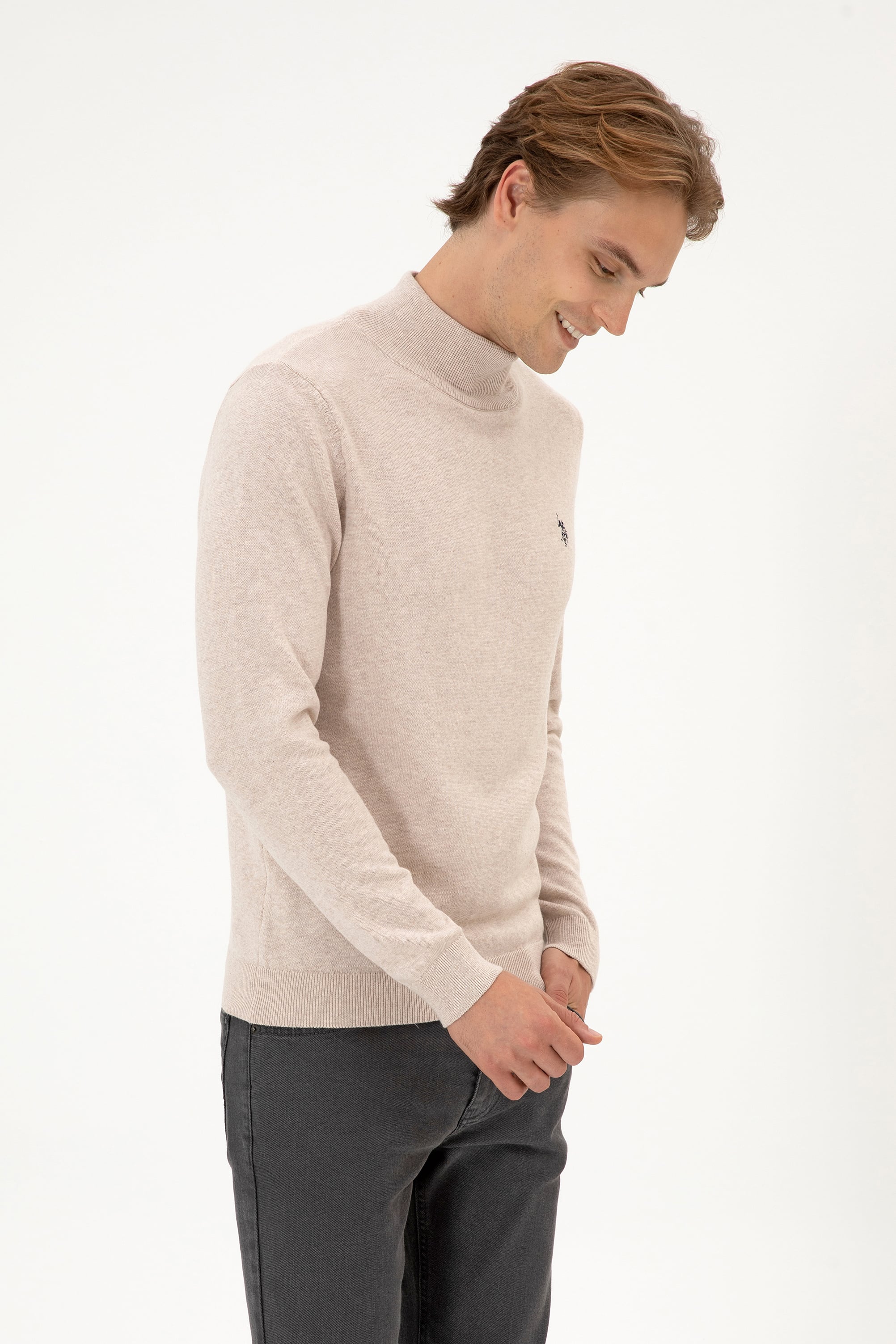 Erkek Slim Fit Boğazlı Taş Melanj Basic Kazak