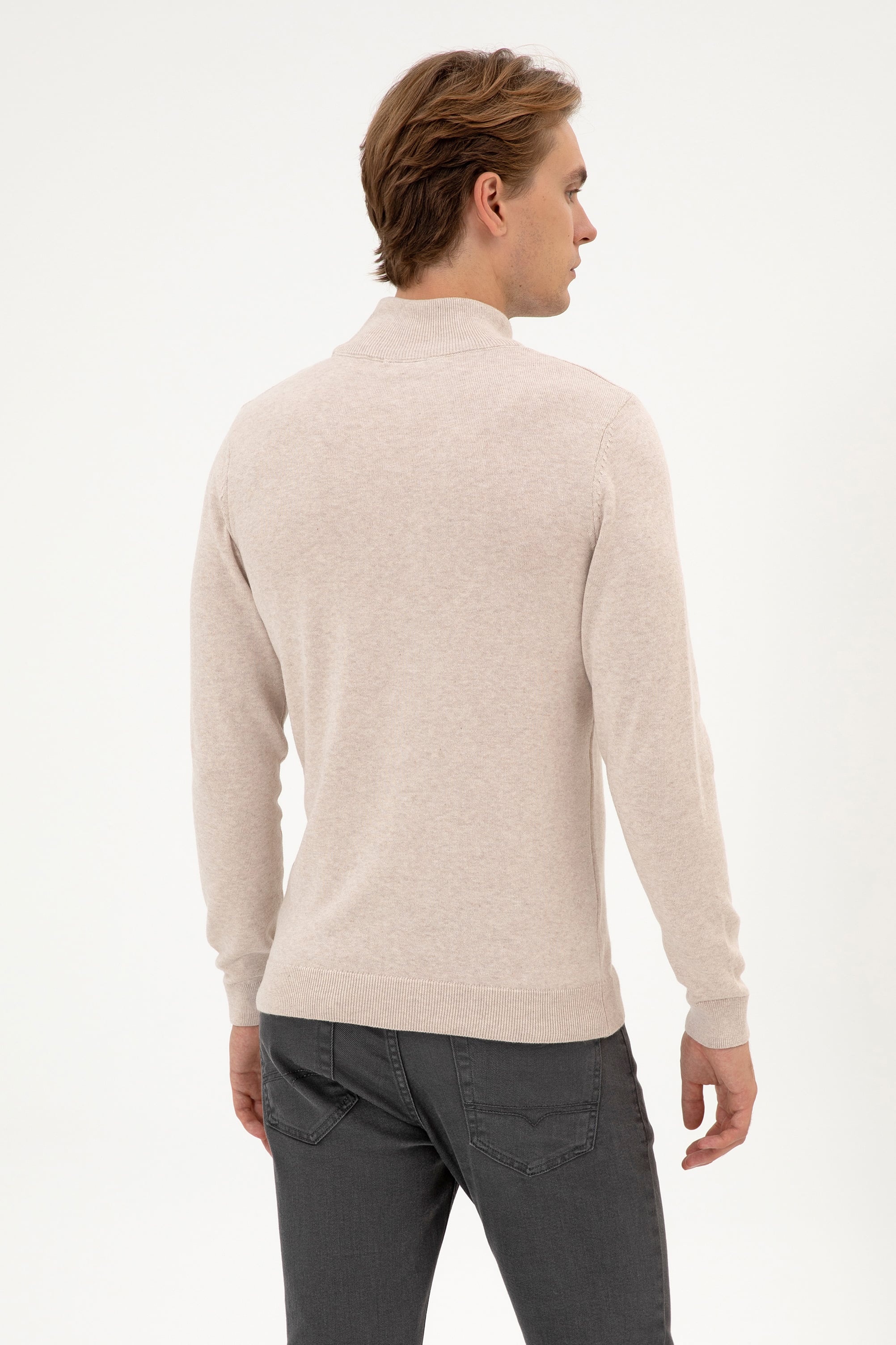 Erkek Slim Fit Boğazlı Taş Melanj Basic Kazak