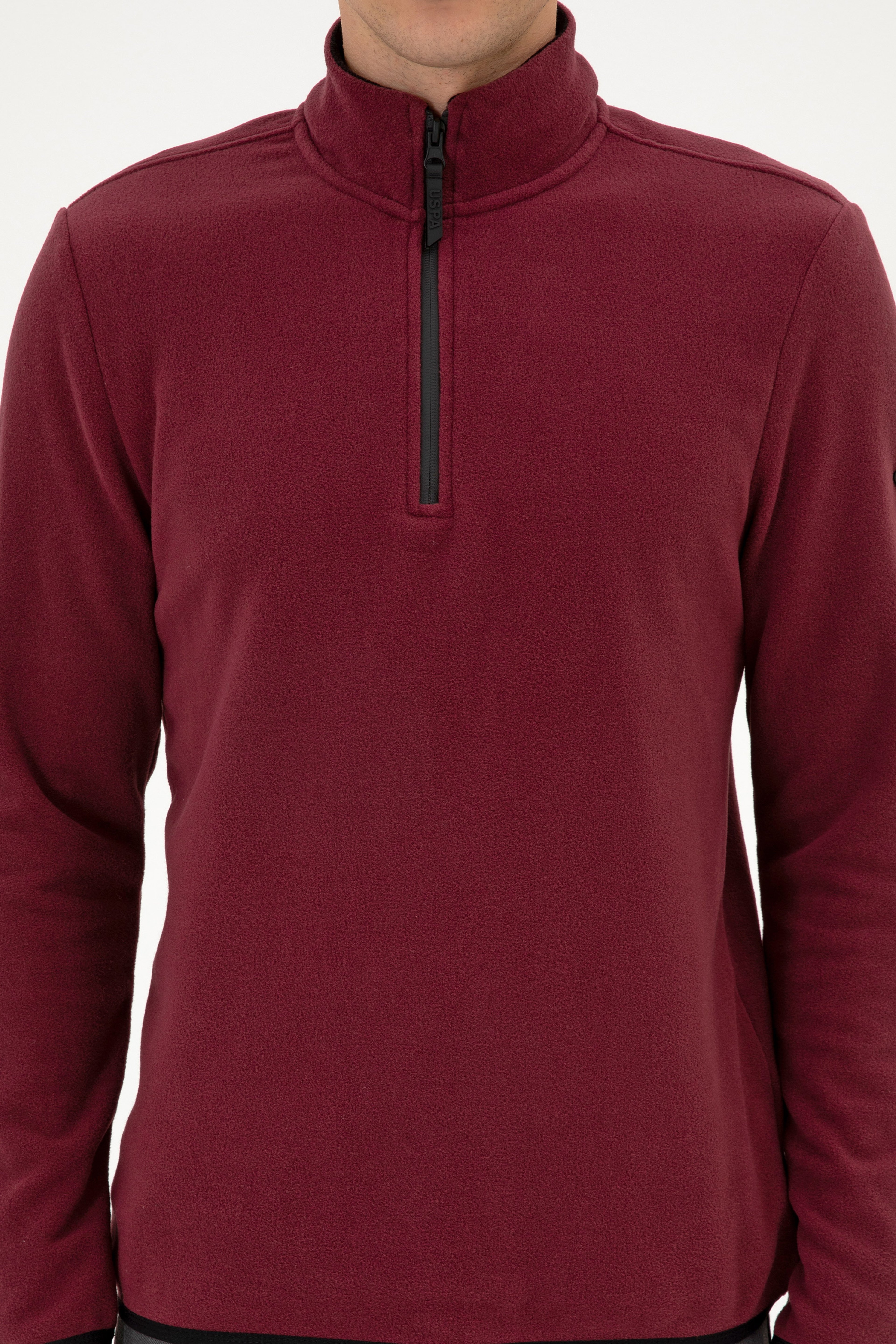 Erkek Regular Fit Koyu Bordo Polar Yarım Fermuarlı Basic Sweatshirt