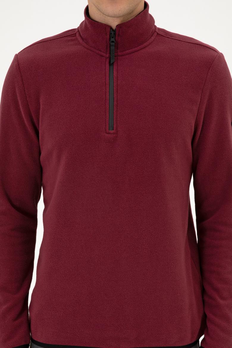 Erkek Regular Fit Koyu Bordo Polar Yarım Fermuarlı Basic Sweatshirt - 50313777096
