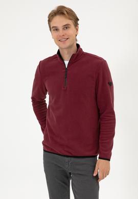 Erkek Regular Fit Koyu Bordo Polar Yarım Fermuarlı Basic Sweatshirt - 50313777096