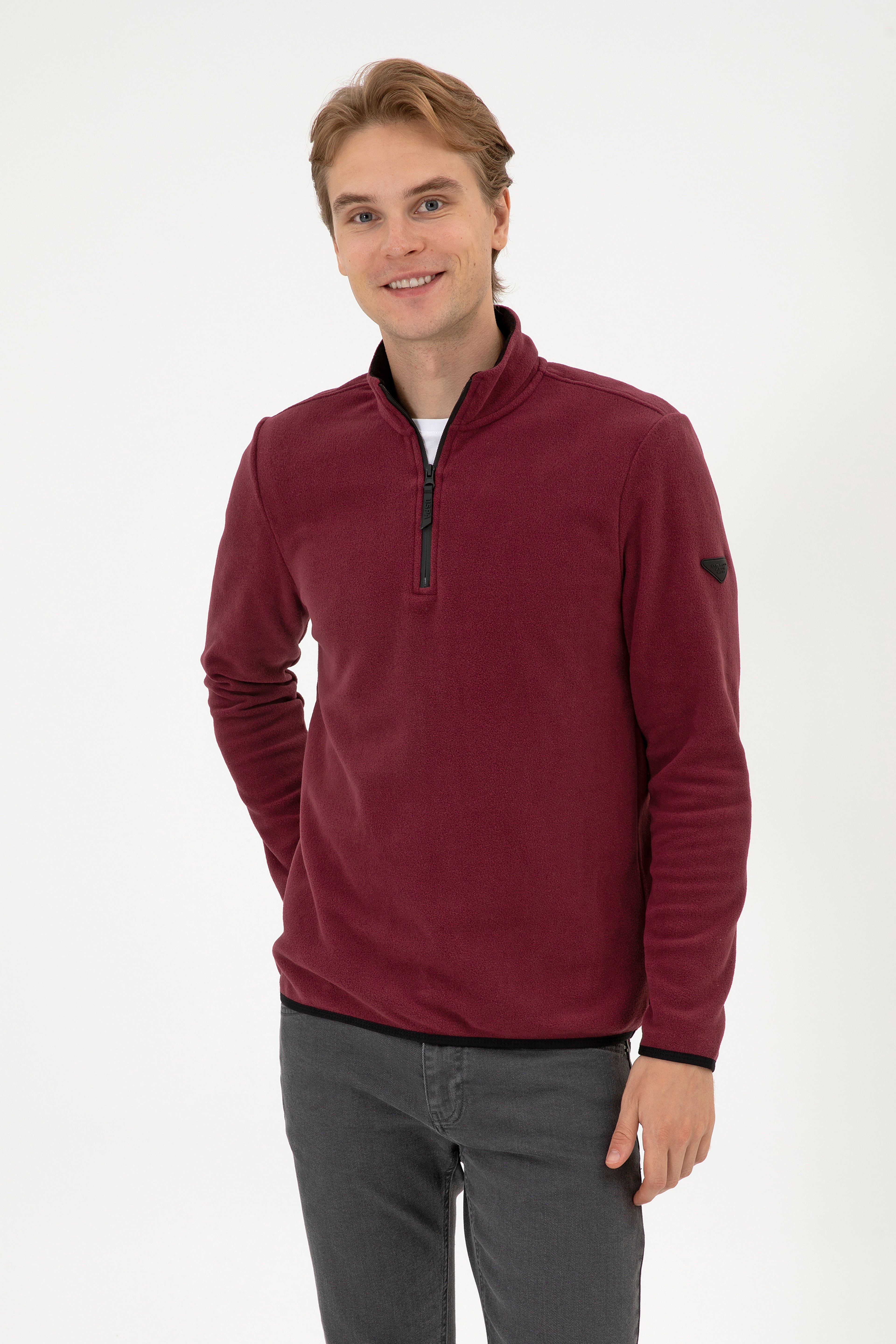 Erkek Regular Fit Koyu Bordo Polar Yarım Fermuarlı Basic Sweatshirt - Image 1